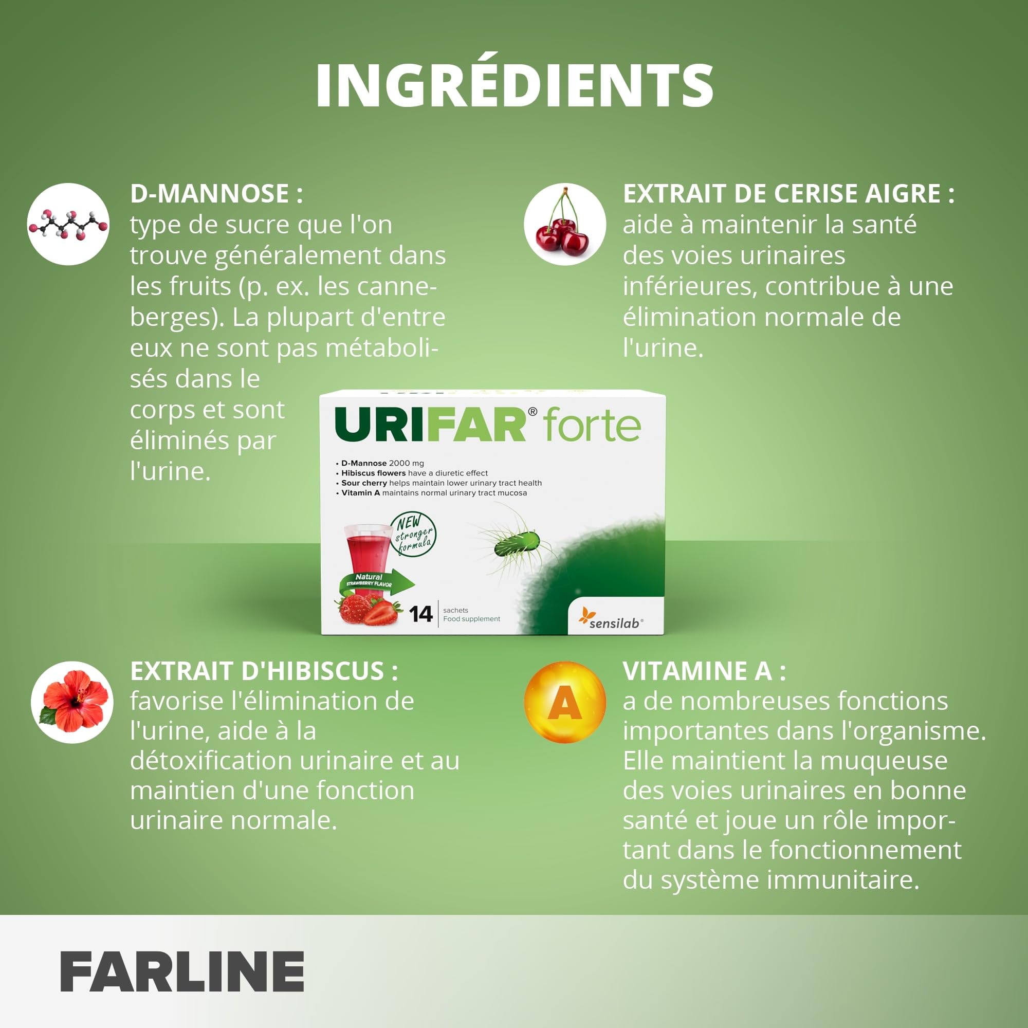 Sensilab Urifar Forte - Boisson D-Mannose à la Fraise, 28 Sachets | Hibiscus, Extrait de Cerise Griotte, la Vitamine A contribue au Maintien de Muqueuses Normales