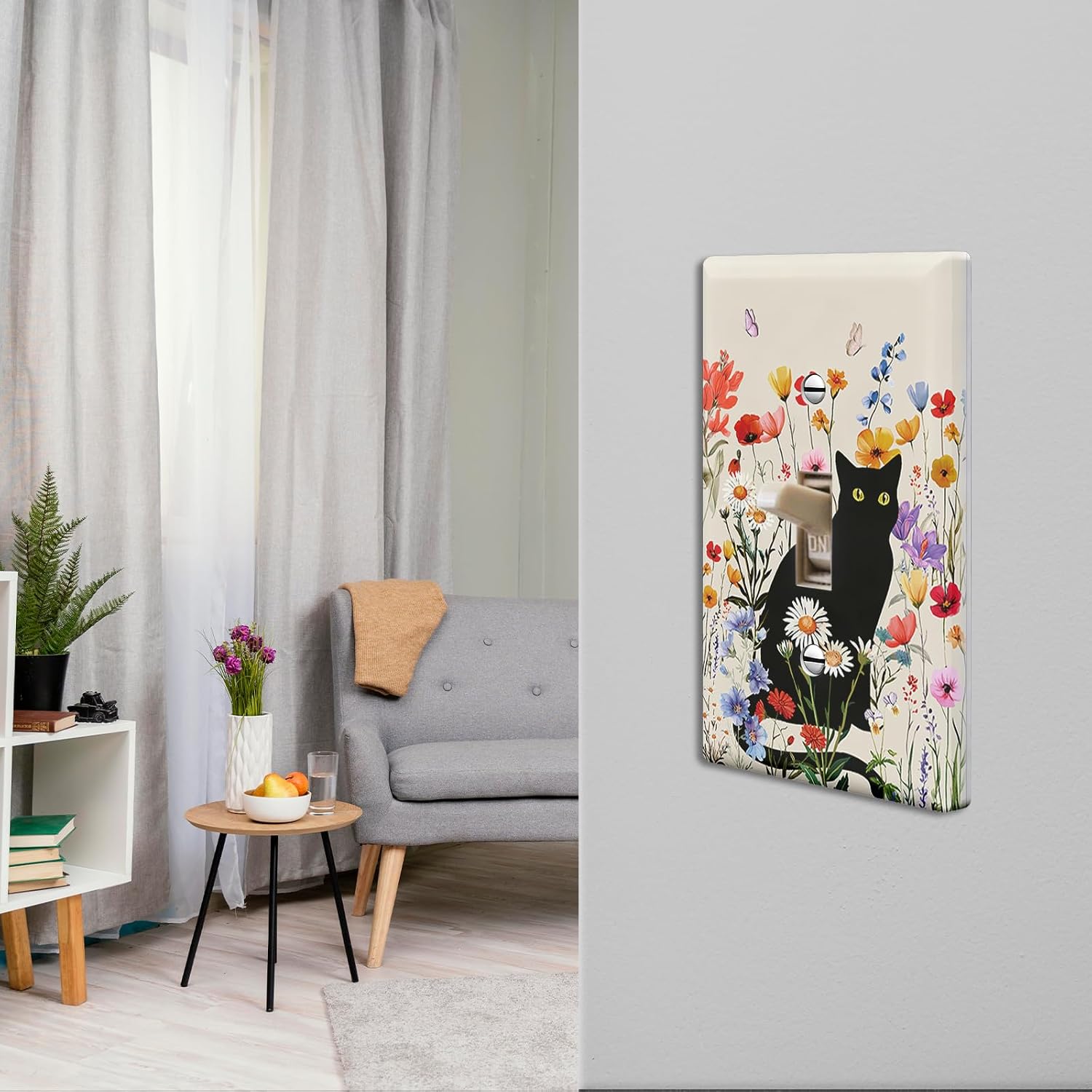 Black Cat Cute Light Switch Cover Plate Decorative Wall Plates 1 Gang Single Toggle Floral Walls Plate Lightswitch Cover Electrical Switchplate Floral Black Cat Lover Gifts Wall Decor, 2 Pack