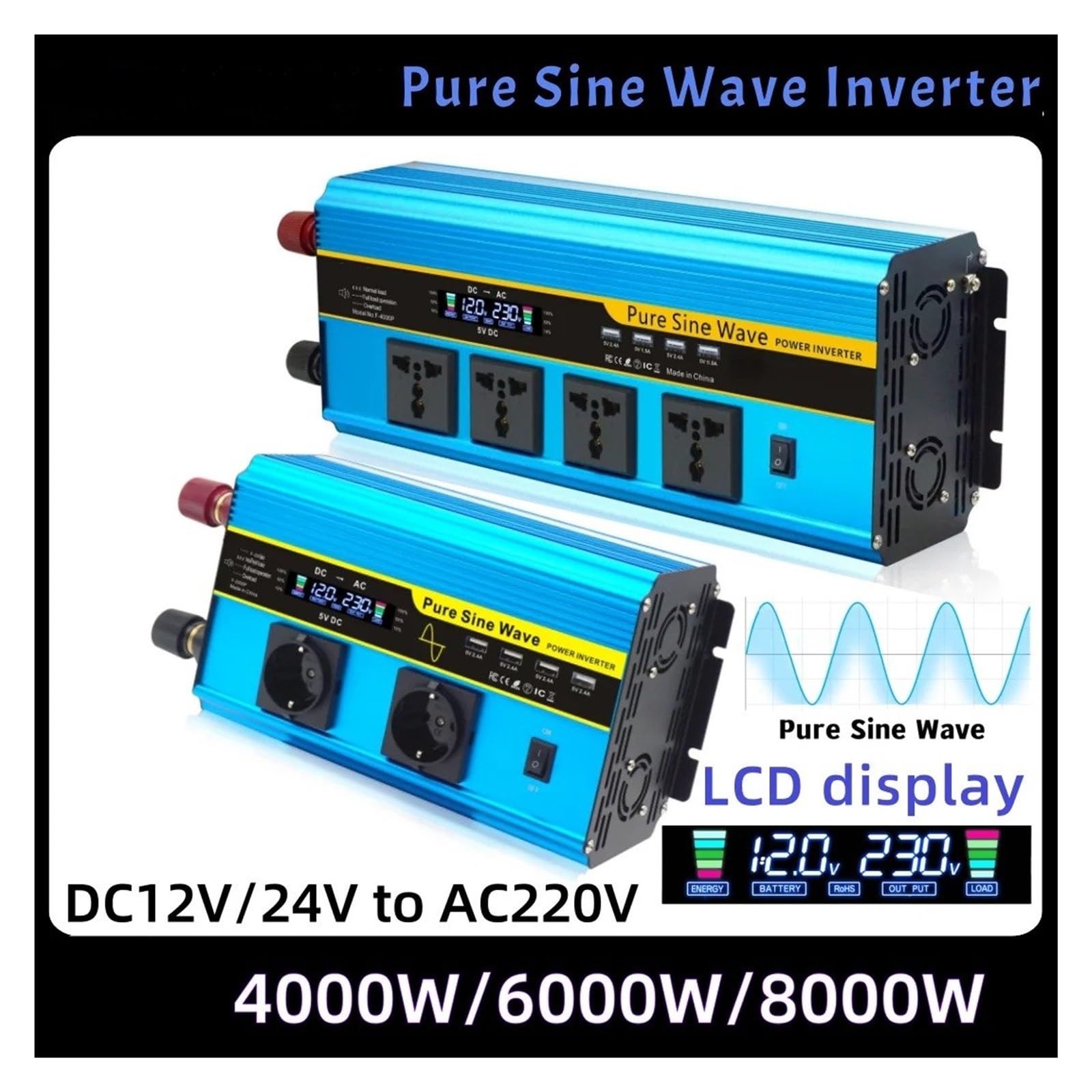 Convertidor Inversor Transformador Inversor De Onda Sinusoidal Pura 4000 W/6000 W/8000 W CC 12 V/24 V - CA 220 V/230 V Pantalla LCD Control Remoto Varios Enchufes UE(DC24V,220V 60Hz,6000W EU)