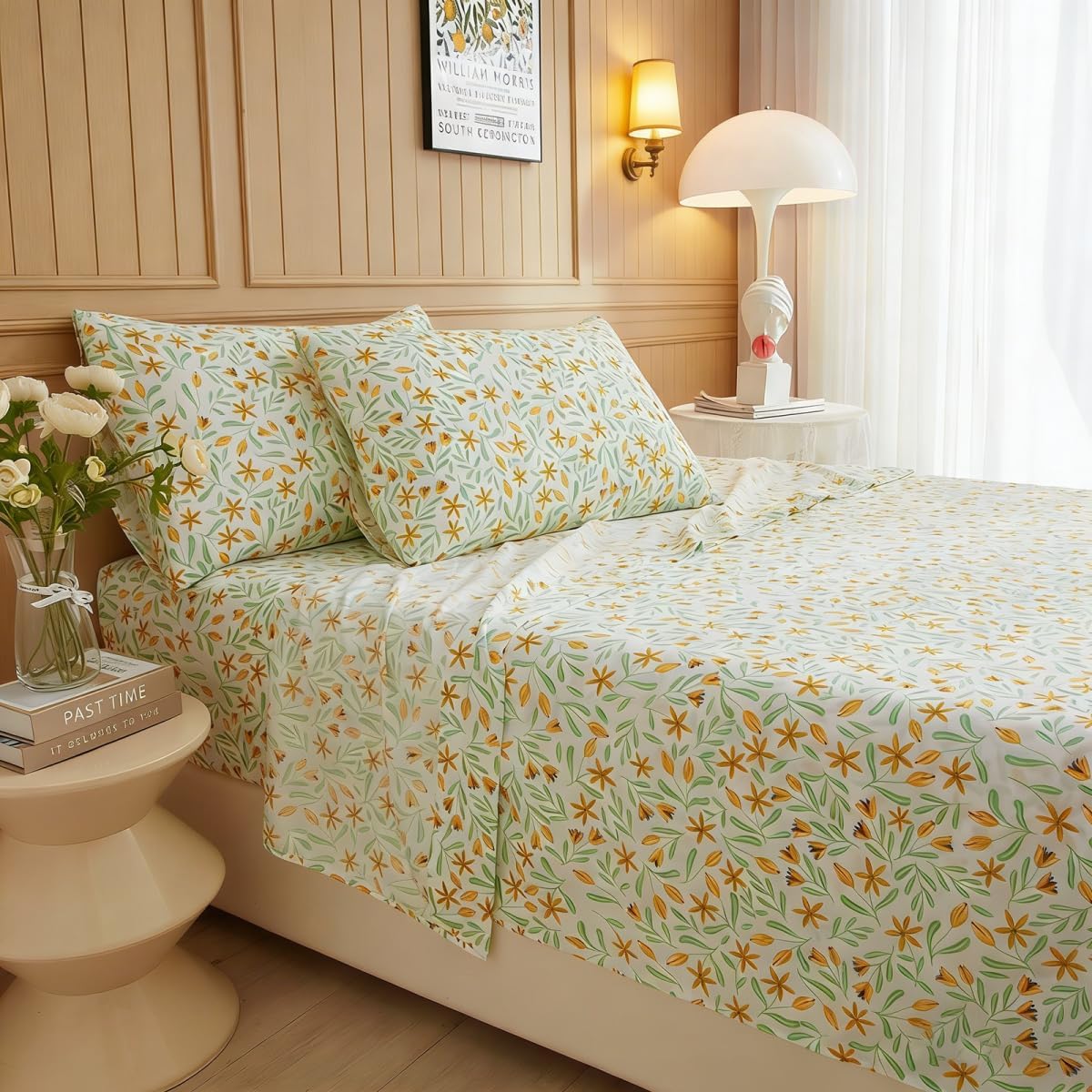 Yellow Floral 3 Piece Twin Size Sheets Set - 16" Extra Deep Pocket Cooling Luxury Soft, Wrinkle & Shrink Resistant with Flat/Fitted Sheet + 2 Pillowcases