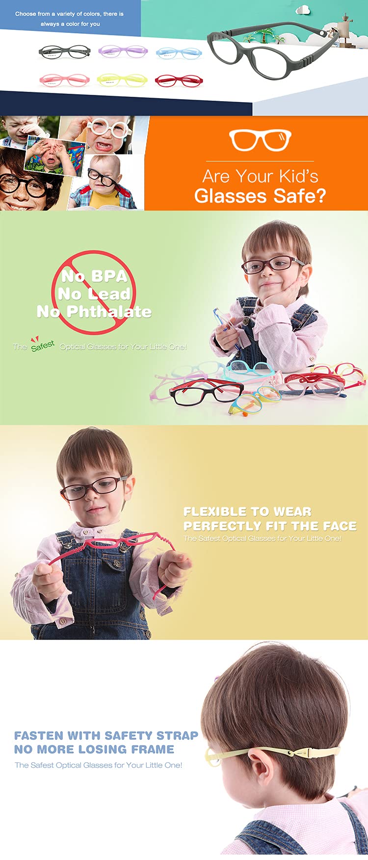 EnzoDate Baby Optical Glasses Frame with Strap Size 40, Bendable Boys Girls Infants Eyeglasses (blue) for Ages 1-2Y - Image 2 thumbnail