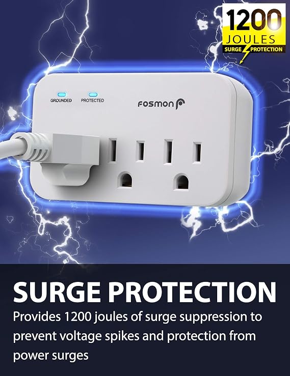 Fosmon Refrigerator Surge Protector, 3 Outlet Heavy Duty Appliance Surge Protector with High Joules for Fridge, Microwave, Washing Machine, Garage Door, 1200J, 1875 Watts, 3 Prong, ETL Listed- 2 Pack