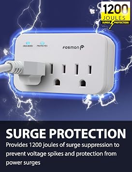 Fosmon Refrigerator Surge Protector, 3 Outlet Heavy Duty Appliance Surge Protector with High Joules for Fridge, Microwave, Washing Machine, Garage Door, 1200J, 1875 Watts, 3 Prong, ETL Listed- 2 Pack