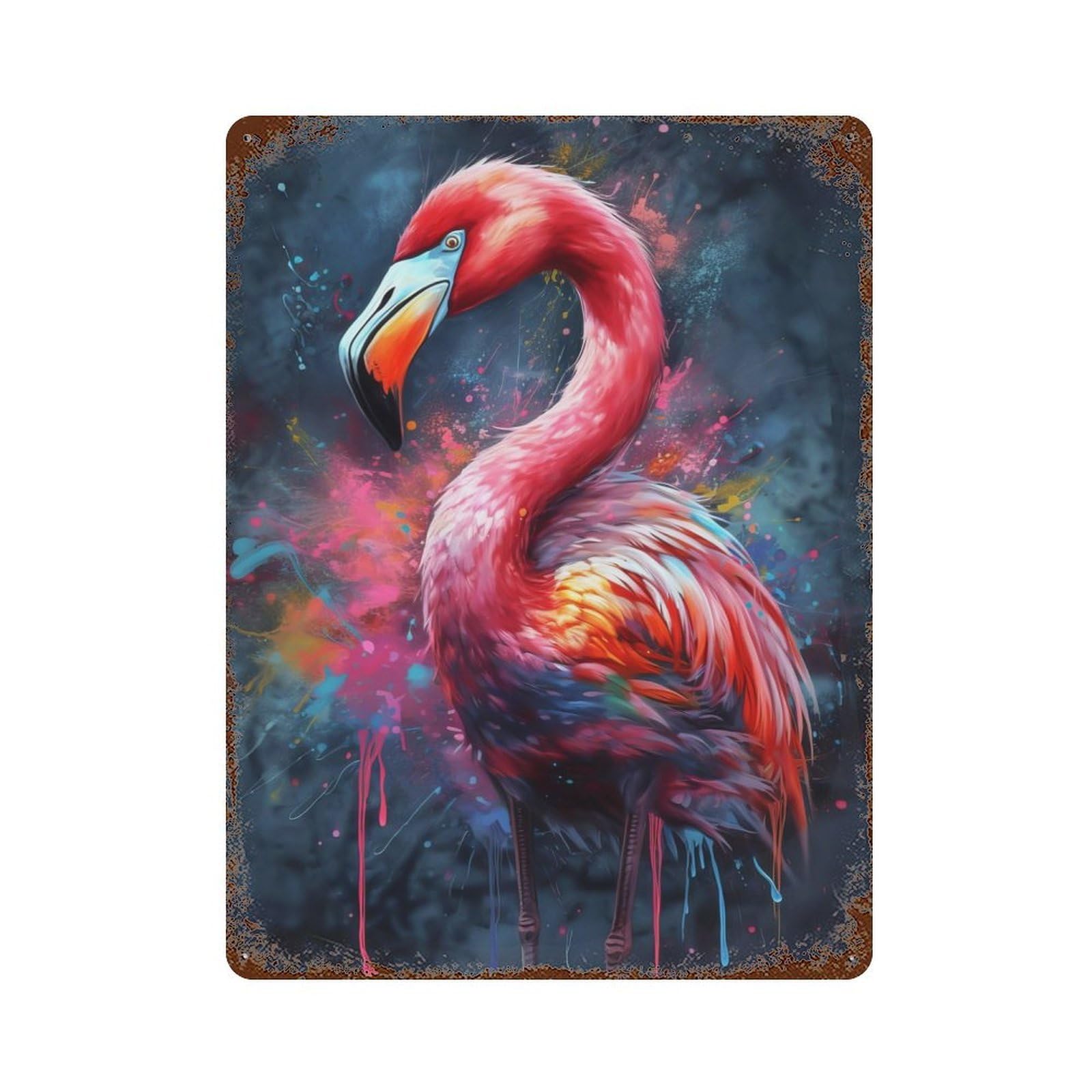 Flamingo Painting Aged Metal Wall Plaque 15.7"x11.8", for Office, Studio And Wall Decor, Novelty Wall Decor
