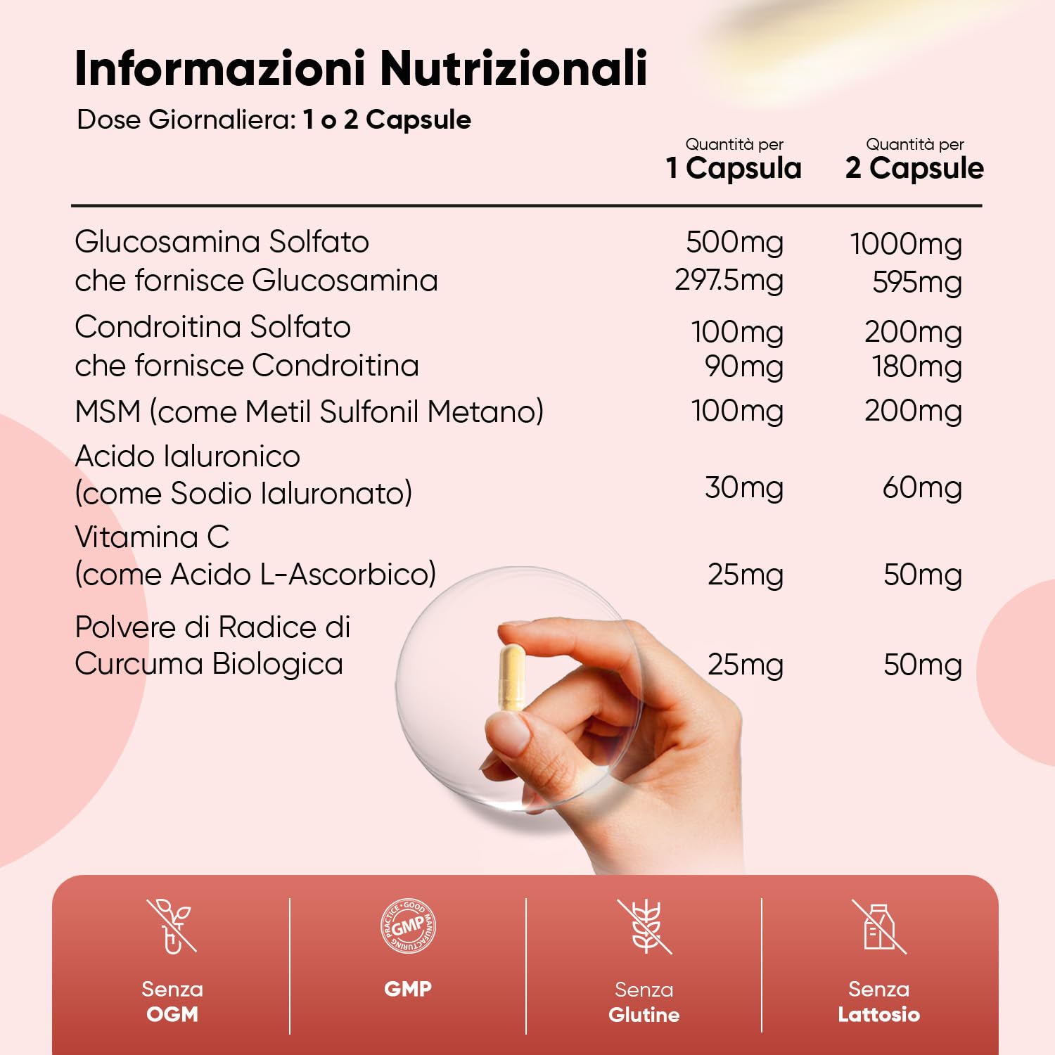 Glucosamina Condroitina MSM con Vitamina C, Acido Ialuronico e Curcuma, La Vitamina C Contribuisce alla Normale Formazione del Collagene per la Normale Funzione delle Ossa, 180 Capsule (per 6 Mesi)