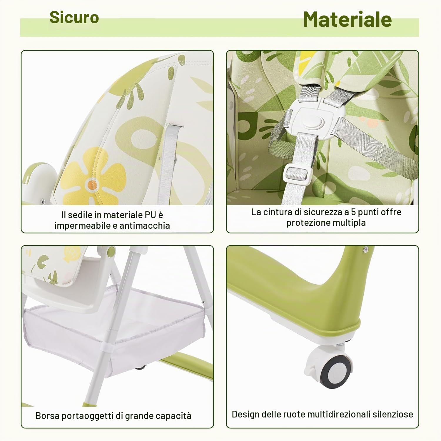 Seggiolino per Bambini con Cintura, Seggiolone pappa con poggiapiedi, ruote, altezza e schienale regolabili, seggiolone versatile per bambini dalla nascita