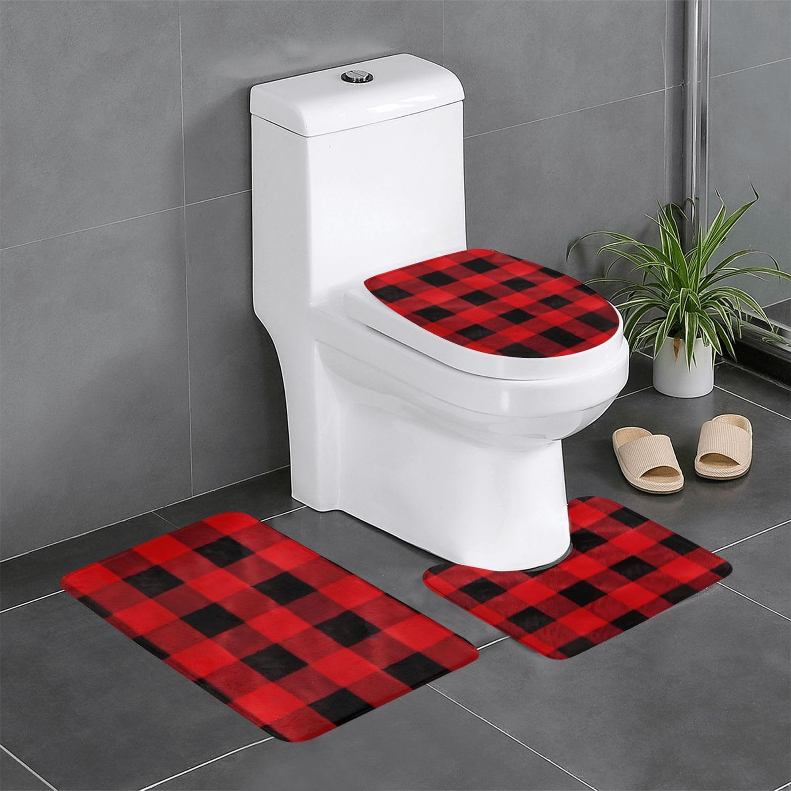 Tapis de bain motif écossais rouge et noir lot de 3 pour sortie de douche