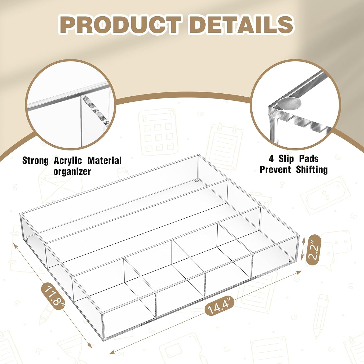 Briwooody Clear Acrylic Deep Drawer Organizer Tray, 6 Compartments image 2