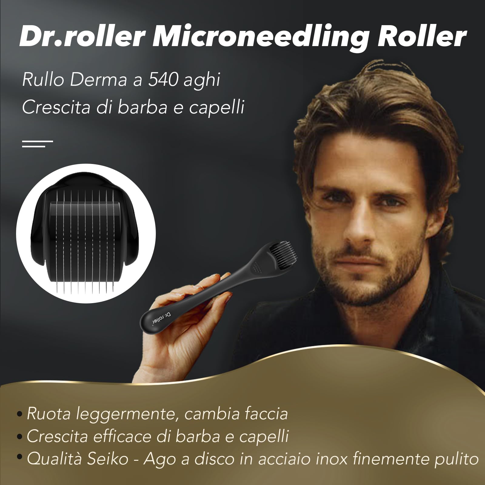 Derma Roller, Microneedling, 1 mm Derma Roller Capelli Viso Uomo e Donna, Microneedle Beard Roller 540 Ago di Titanio