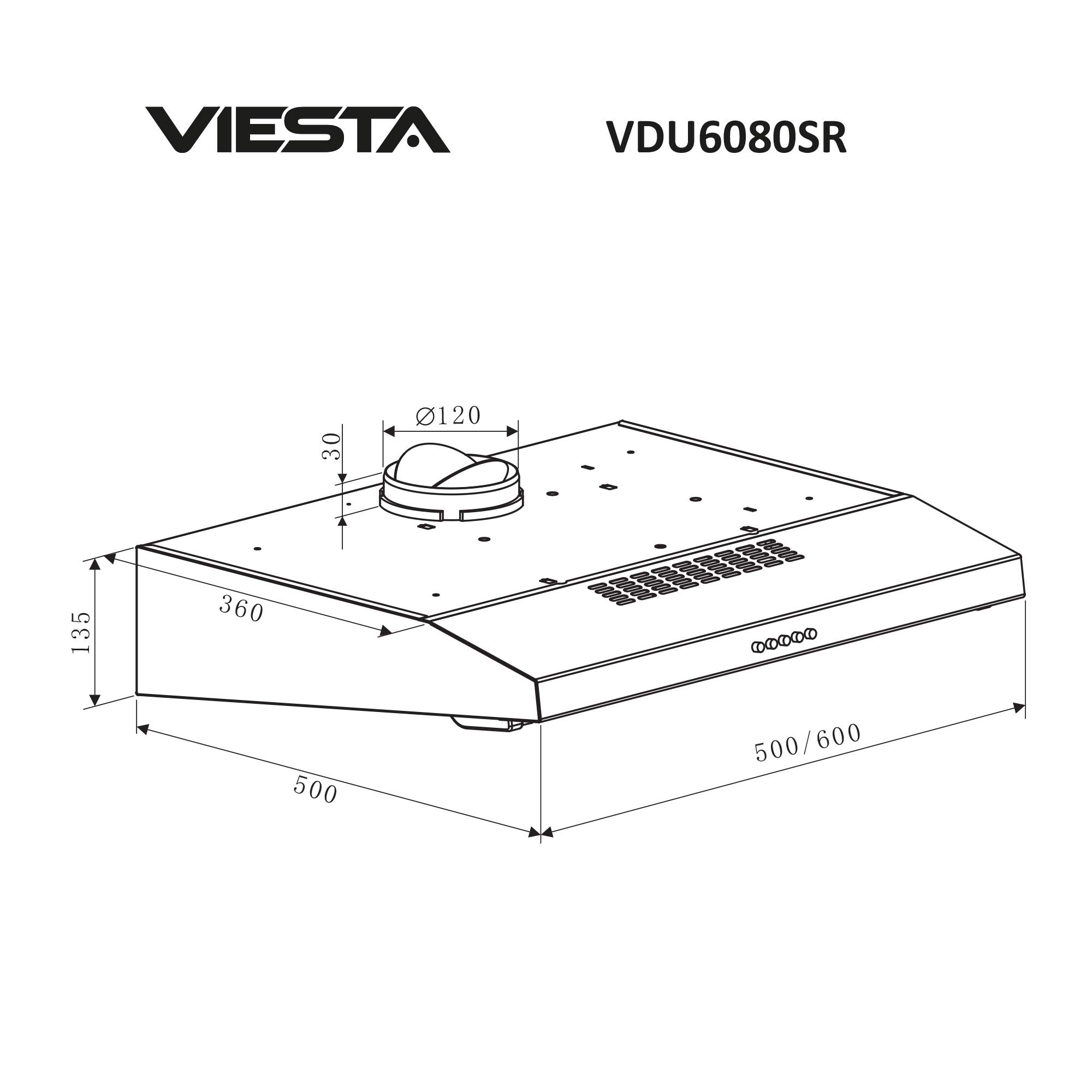 VIESTA VDU6080SR okap kuchenny 60 cm – stal nierdzewna podblatowa okap ścienny z filtrami tłuszczu – oświetlenie LED – funkcja odprowadzania powietrza i obiegu powietrza – wyciąg z szklanym kloszem – klasa energetyczna C