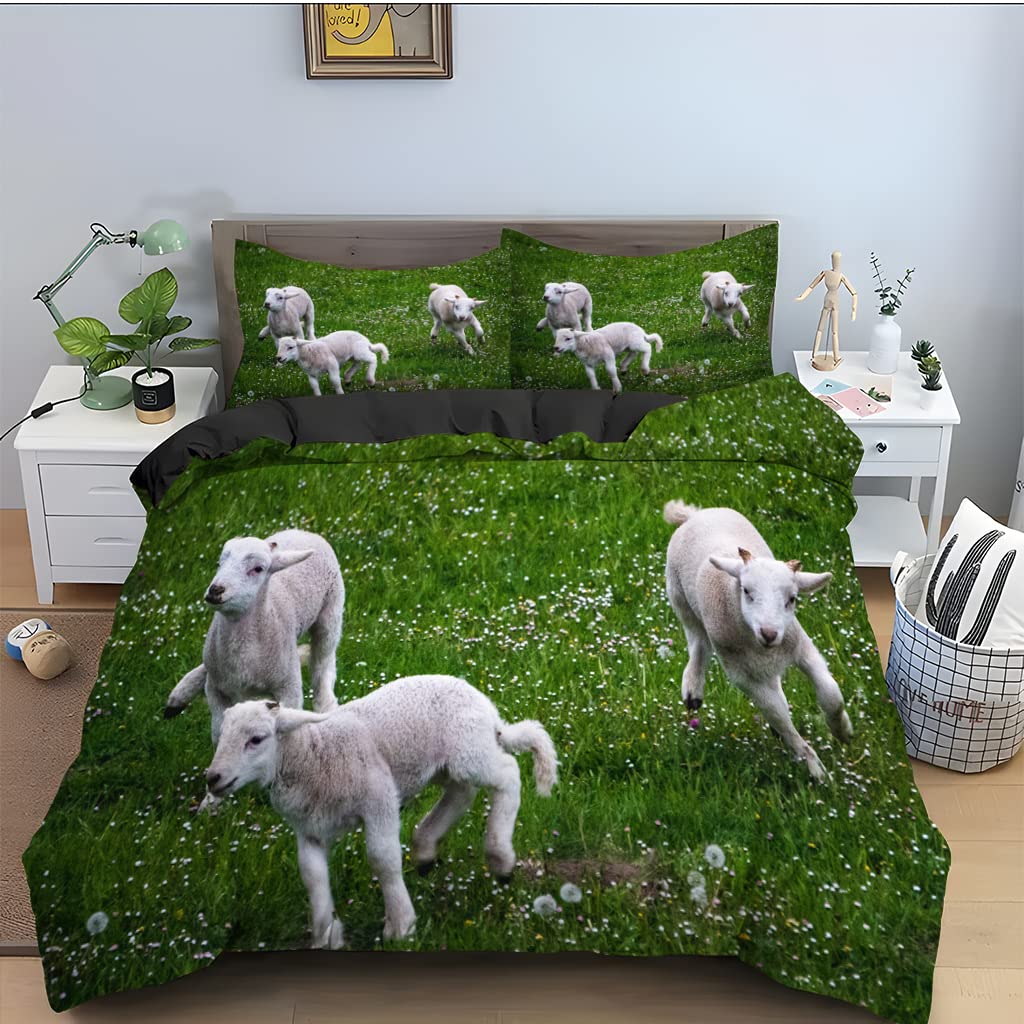 Housse de couette 140x200 mouton vert en microfibre douce avec 2 taies d'oreiller