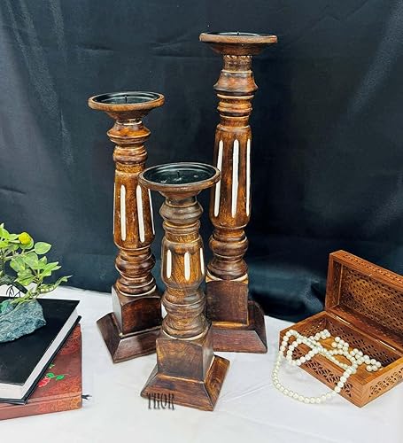 Juego de 3 portavelas de pilar, portavelas para velas de pilar, portavelas de madera de mango para mesa de comedor de café, boda, Navidad,