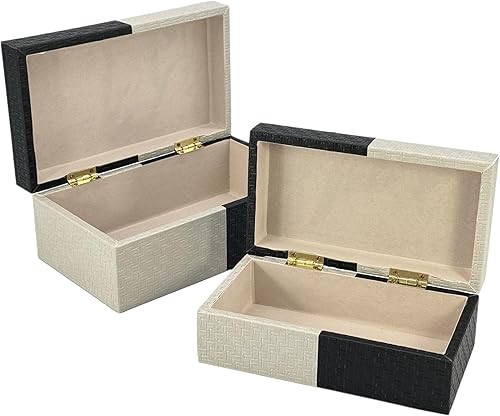 Miniatura 5 de Galt International Cajas de almacenamiento decorativas de cuero vegano, caja grande y pequeña con tapa con bisagras, diseño de cuero a cuadros negro