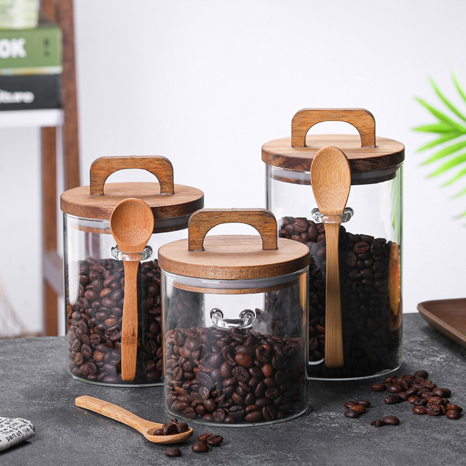 Amazon｜スプーンと竹蓋付きガラス食品保存瓶2個、気密コーヒー
