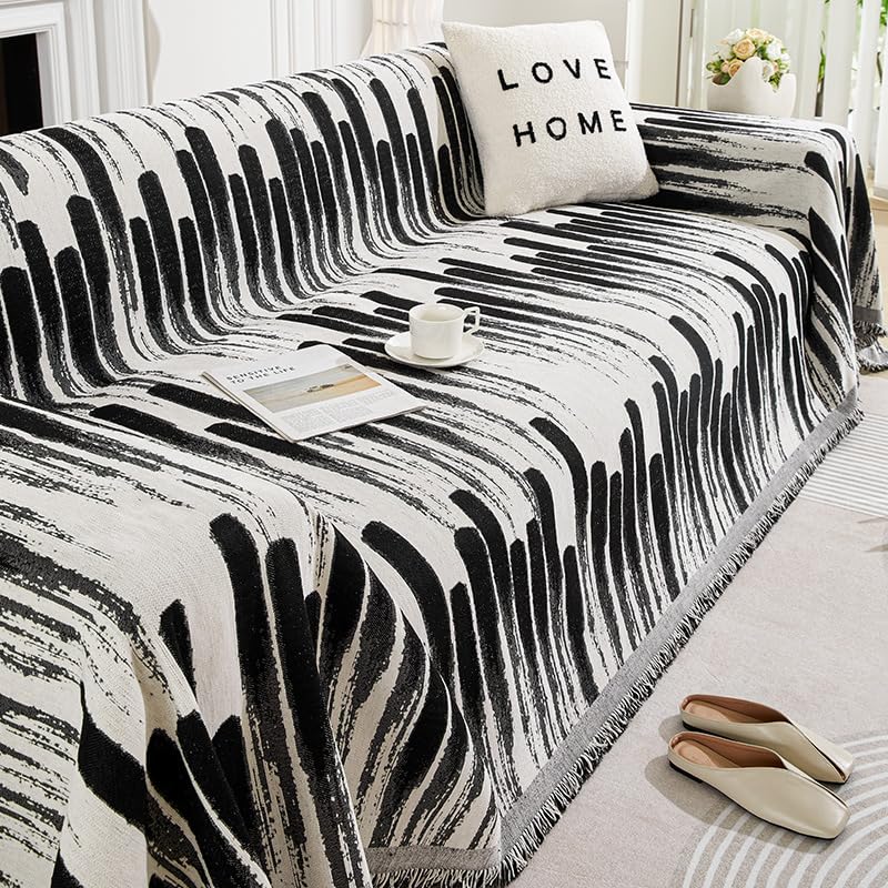 Housse de canapé en chenille haut de gamme motif rayé noir élégant 180 x 130 cm