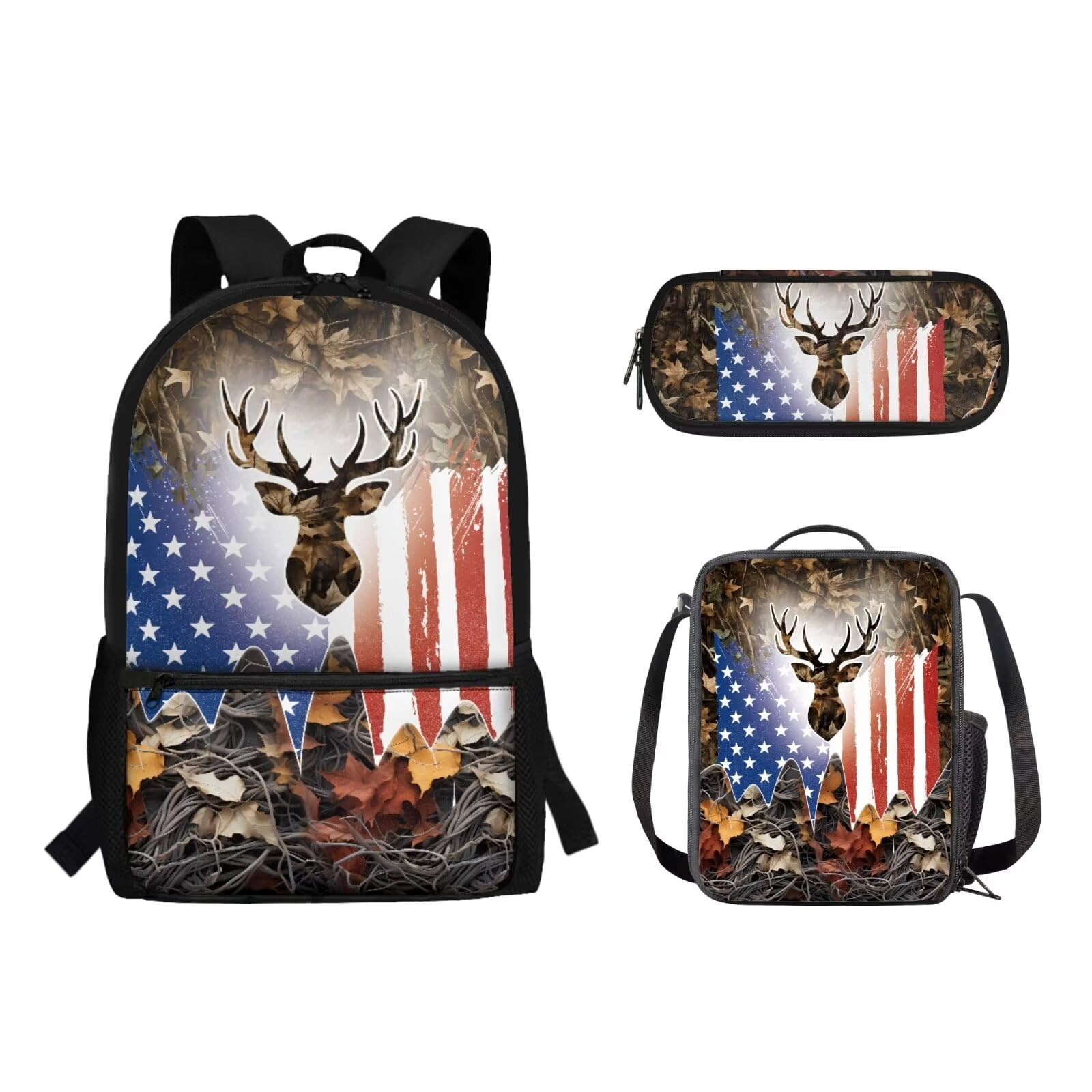 Wideasale American Flag Deer Print School Backpack with Lunch Box Pencil Case 3 In 1 School Bag Book Bag for Kids Teen Boys Lager Capacity Student