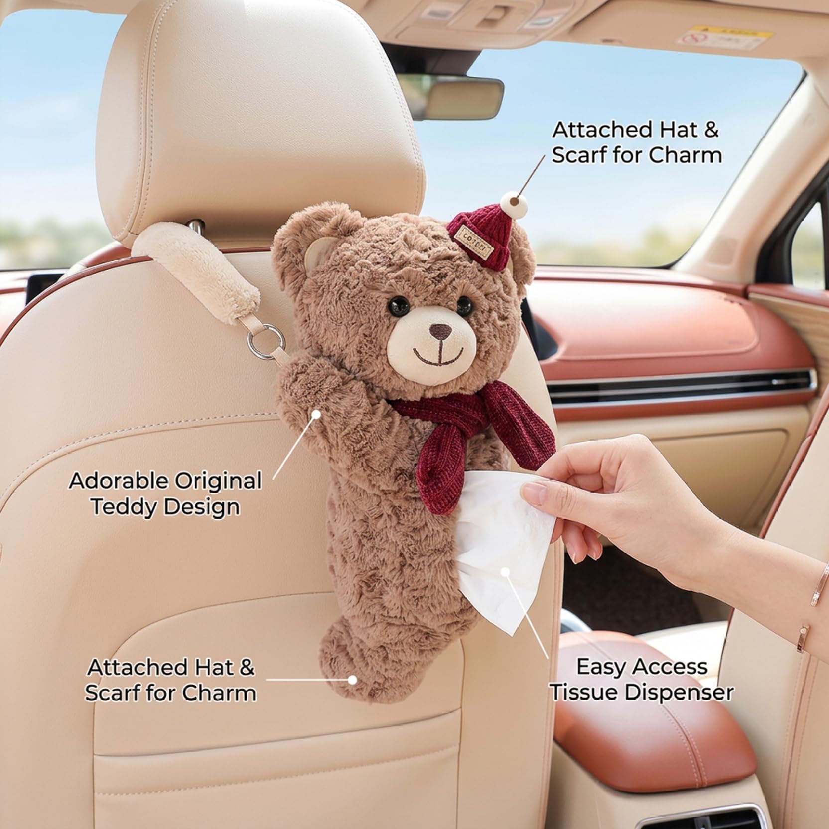 Simpatico portafazzoletti per auto con orsetto di peluche con cappello e sciarpa - Divertente dispenser per fazzoletti morbidi da appendere per la decorazione della casa dell'auto (caffè)