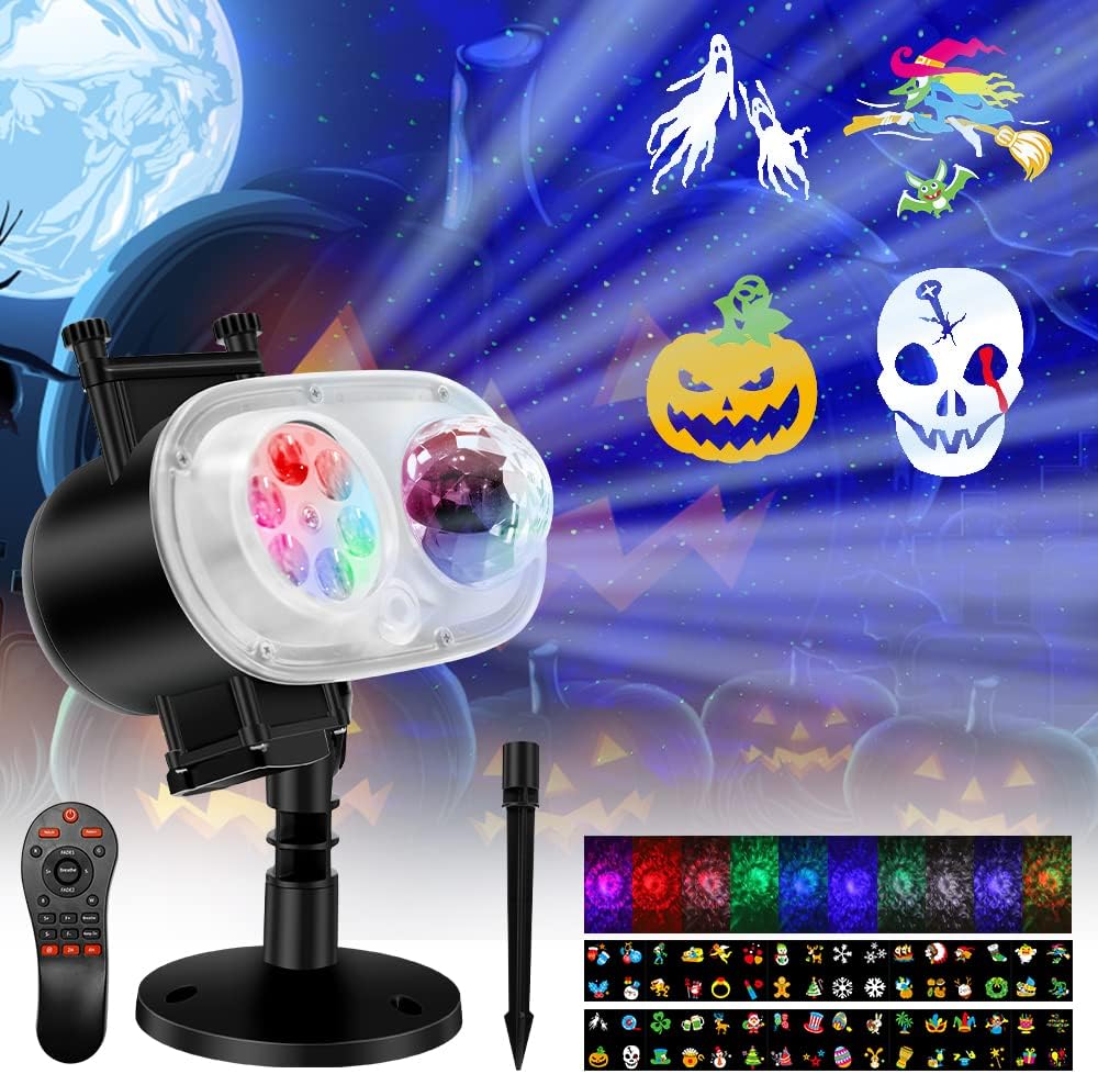 Holiday Projector Lights Outdoor, 2-in-1 HD LED Outdoor Projectors with Remote Control Timer, 3D Ocean Wave & 4 Patterns Waterproof Lanscape Lights for Indoor Valentine Xmas Halloween Holiday Party