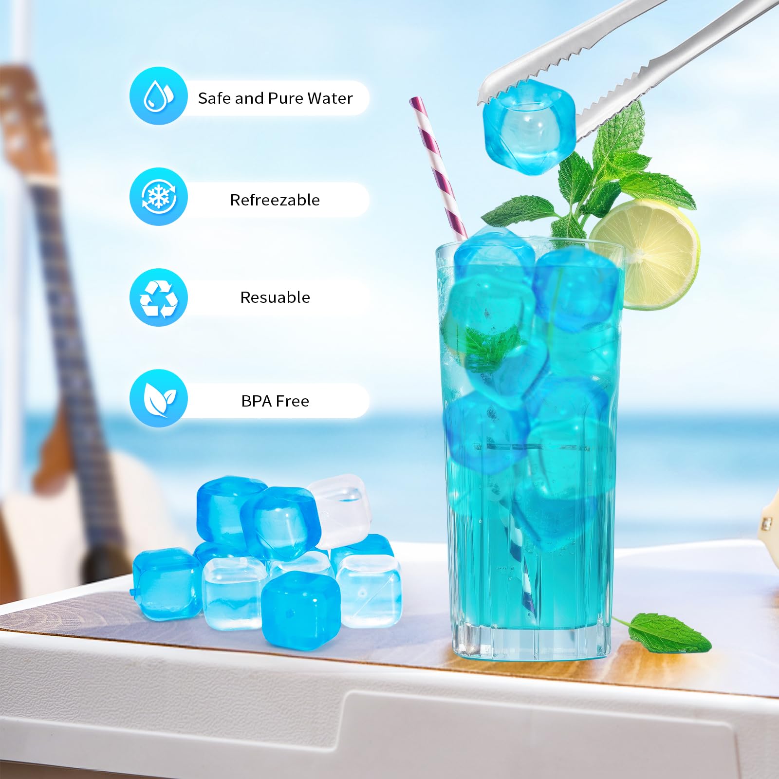 Lot de 380 glaçons réutilisables pour boissons, bleu et transparent