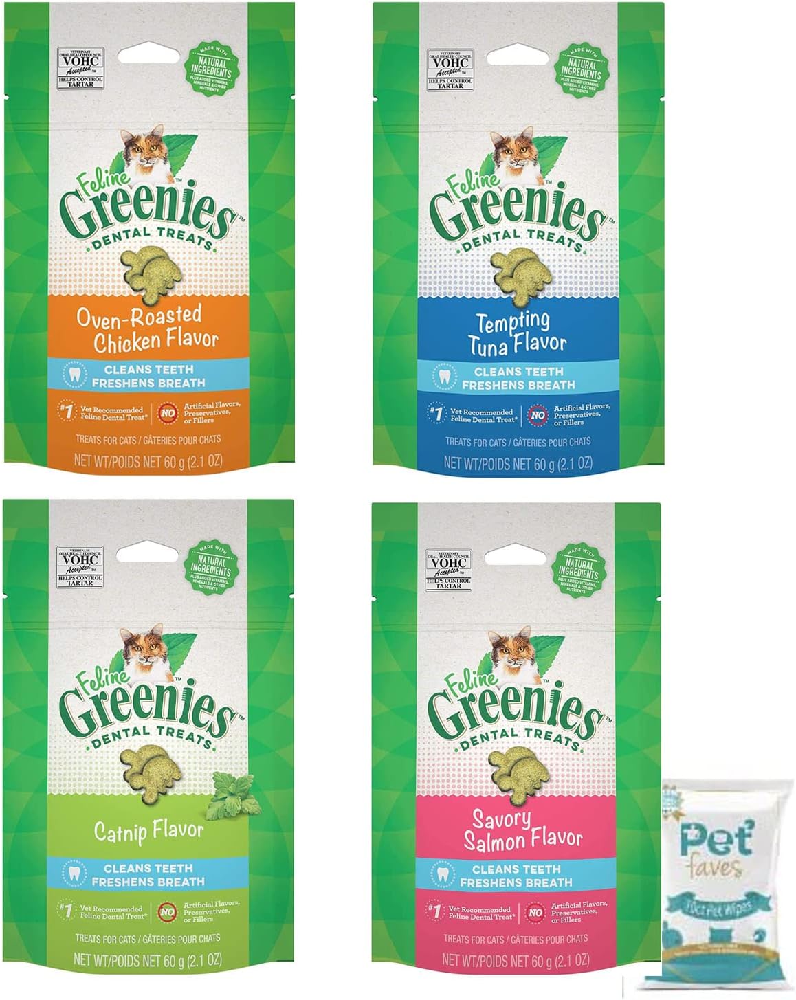 (4-Pack) Feline Dental Cat Treat Variety Bundle 4 Flavors - 2.1oz Each Bag, Tempting Tuna, Savory Salmon, Oven Roasted Chicken, and…