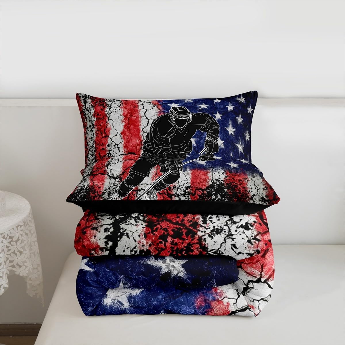 Homewish Ice Hockey Comforter Set,American Flag Bedding Set for Kids Girls Women,Adults Vintage Style Comforter,Winter Sports Quilted Duvet Set Bedroom Collection Twin Size 2Pcs