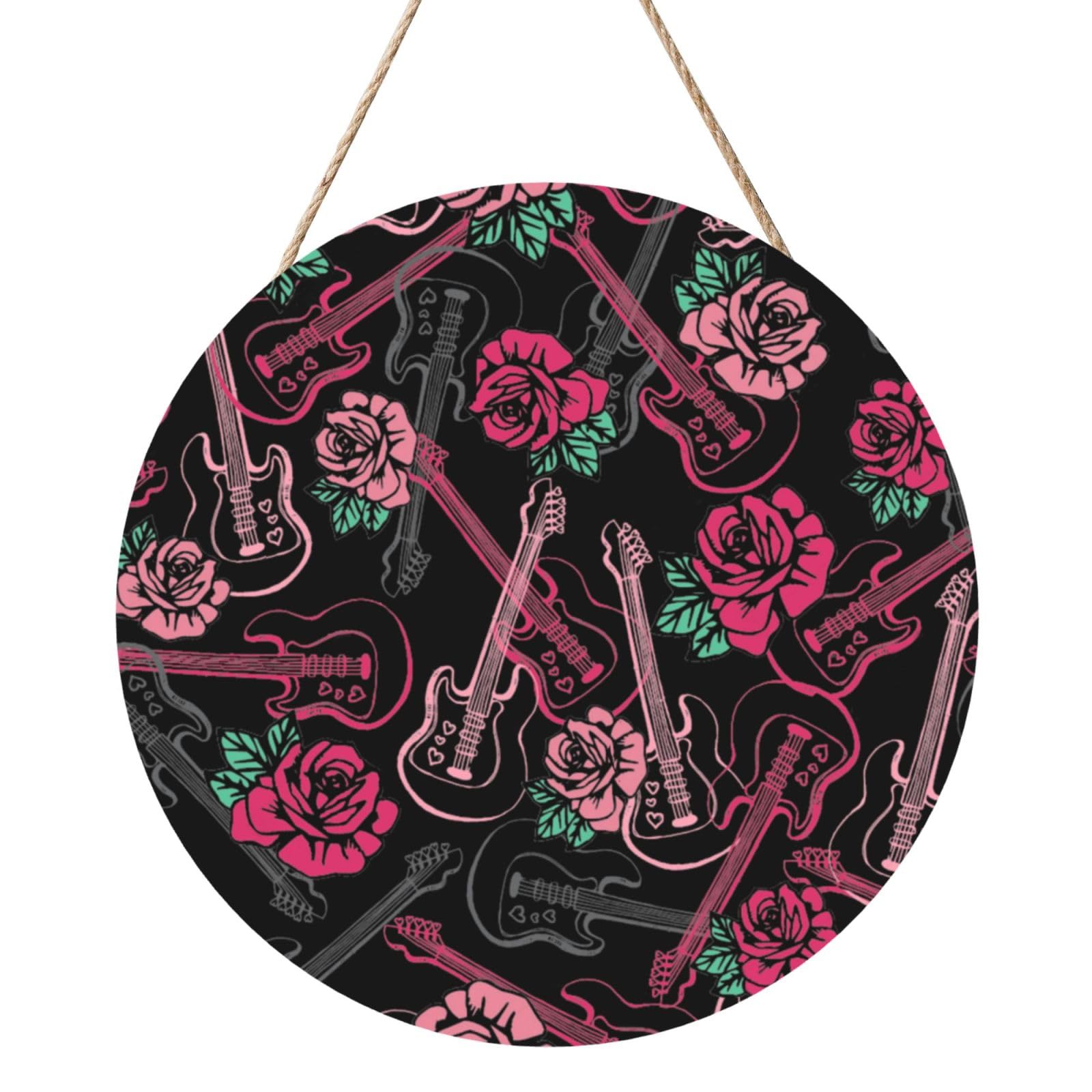 InOmak Guitar And Rose, Round Wood Panel Painting 12 in, Wall Hanging Painting For Home