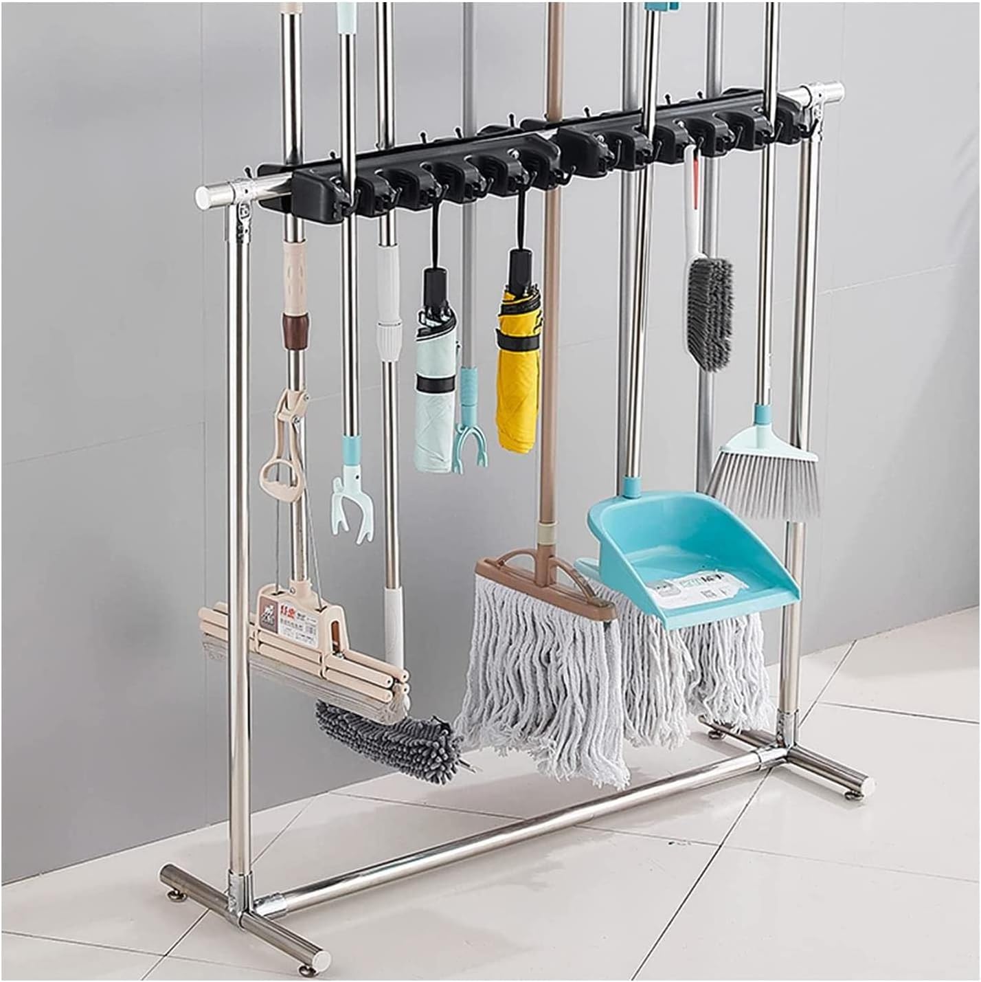 Removable Broom Mop Holder Balcony Stainless Steel Storage Shelf Movable Draining Rack Foldable Hooks with Elastic Card Ball,110cm