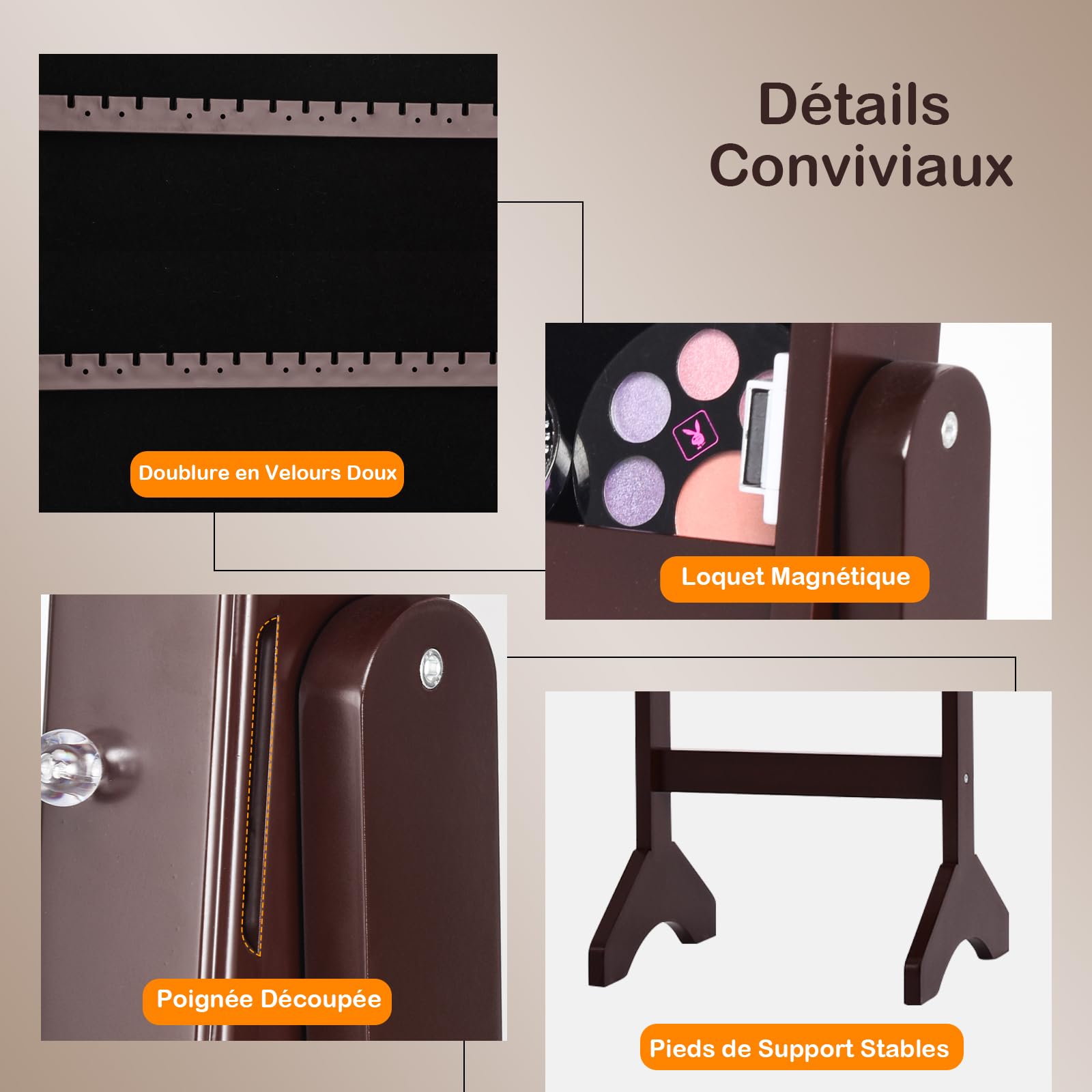 GOPLUS Armoire à Bijoux, Armoire a Bijoux avec Miroir sur Pied avec Lumières LED, Miroir Intégré, Organisateur de Bijoux Verrouillable avec Crochet de Collier, 4 Etagères (Marron)
