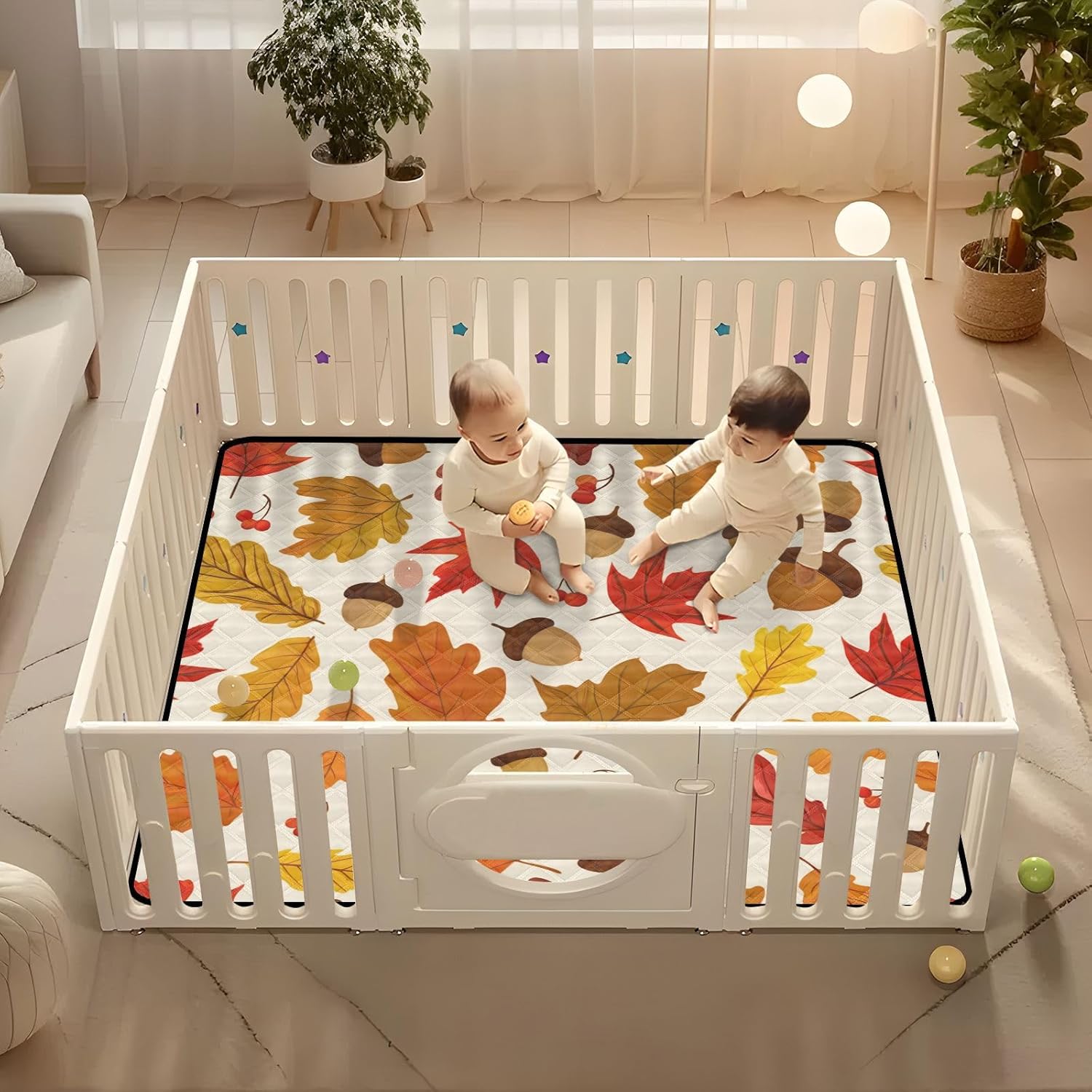 Doodle Acorns & Leaves Baby Play Mat, 50“ X 50” Washable Folding Crawling Mat, Baby Floor Mat, Soft, Non-Slip