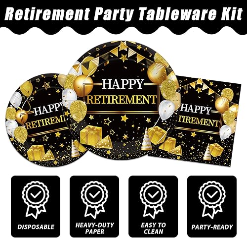 Miniatura 3 de 168 piezas de suministros para fiesta de jubilación, decoraciones de fiesta de jubilación negro dorado para mujeres, platos de papel jubilados,