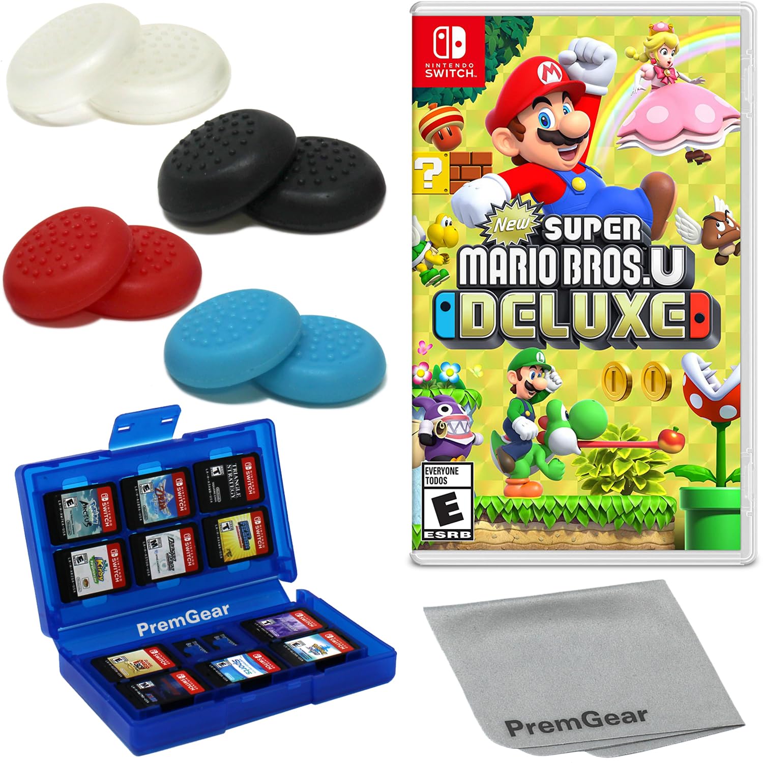 Super Mario Bros. U Deluxe per Nintendo Switch (versione USA), con impugnature PremGear (confezione da 8 - nero, blu, rosso e trasparente), porta carte da gioco a 24 slot e panno di pulizia