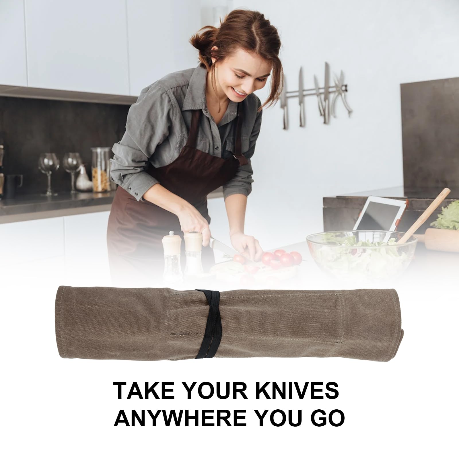 Messertasche,Koch Messer Roll Bag,Messertasche Kochmesser mit 8 Fächern für Messer und Löffel,Wachs Leinwand Messer Case Lagerung,Geschenke für Pro-Köche oder kulinarische Enthusiasten (Kaffee)