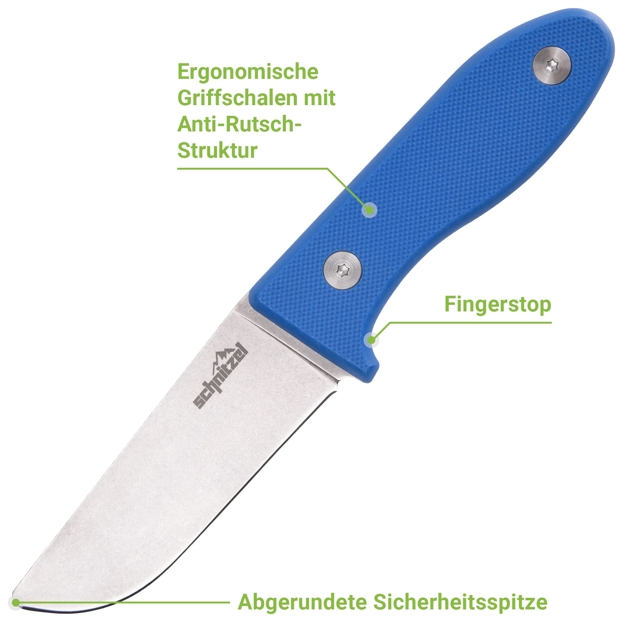 SCHNITZEL UNU, Kindermesser Schnitzmesser und Outdoormesser für Kinder, scharf mit Kydex Scheide und Gürtelhalterung, div Farben (Blau)