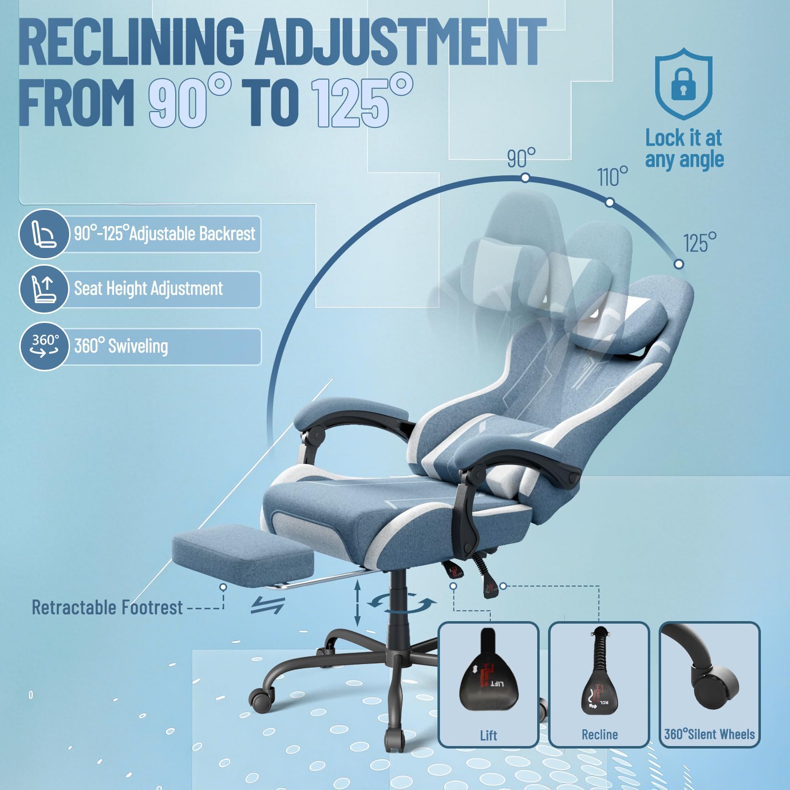 Silla de gaming ergonómica con función de masaje, reposapiés, almohada extraíble, reposabrazos integrados, soporta 110 kg, silla de PC para oficina y hogar, color azul