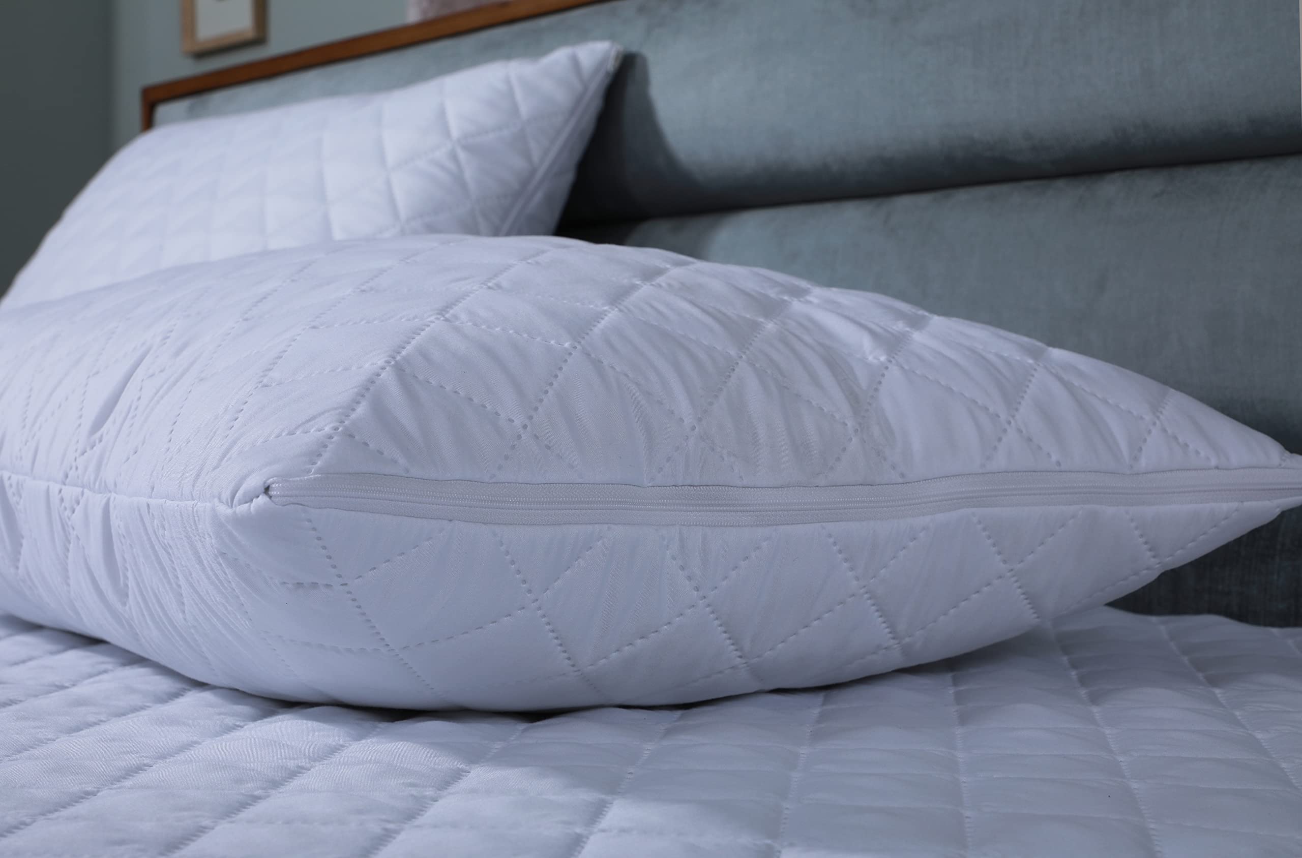 Night Comfort White Quilted Pillow Protectors Microfiber 40 Gsm Padding Breathable Zipped Maximum Durability (2)