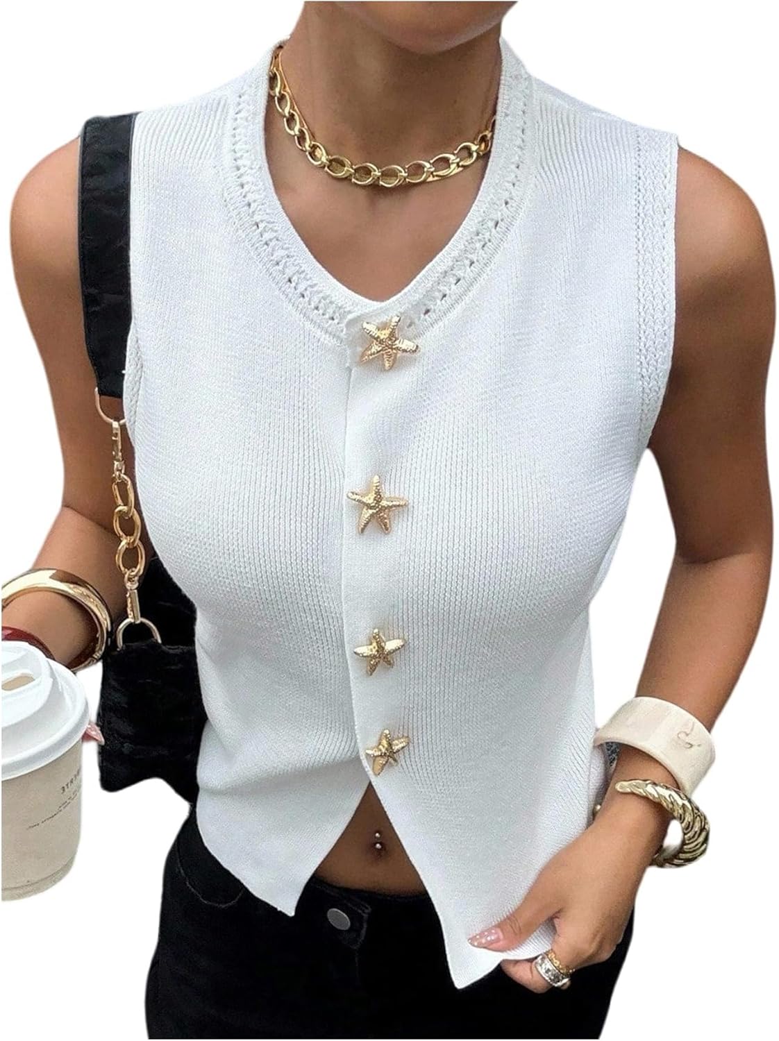 MakeMeChic Women's Business Casual Fall Starfish Metal Sweater Vest Button Crew Neck Sleeveless Knit Top