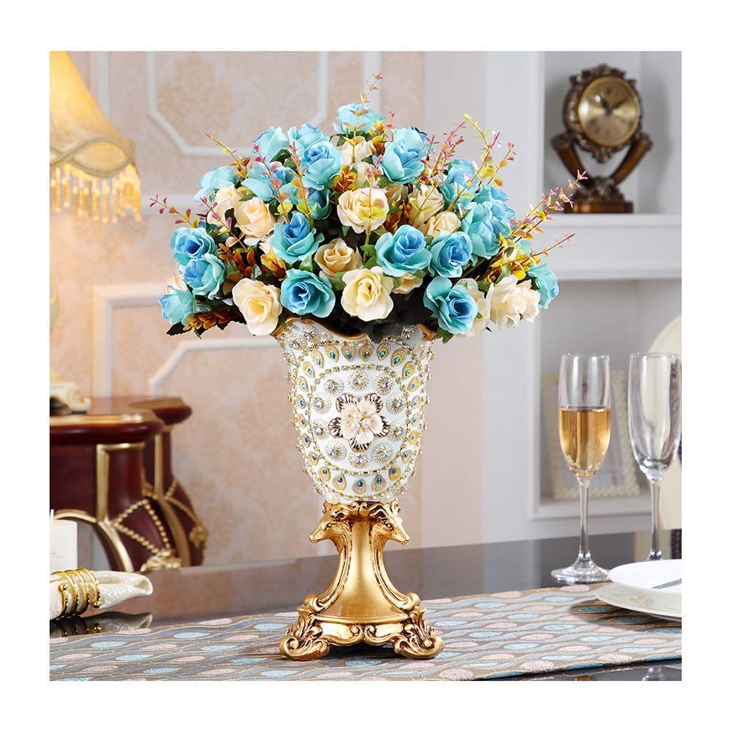 XDLEDMKIZ Realistic Artificial Flower Artificial Rose Fake Flower Artificial Flower Bouquet Luxury Resin Vase Arrangement Home Porch Decoration Bouquet Silk Fake Flower