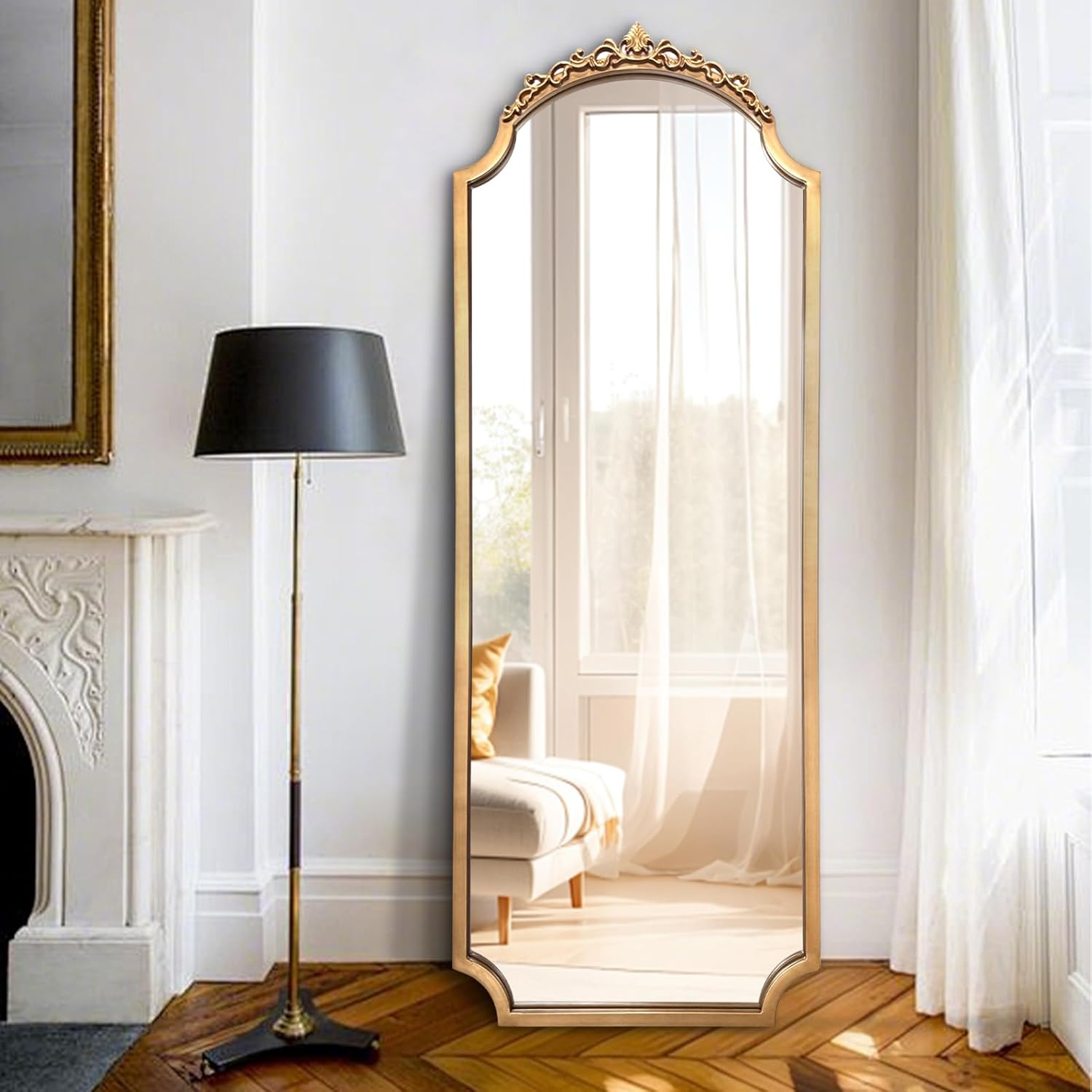 Large Gold Arched Mirror, 61"x22" Vintage Floor Mirror for Dressing, Ornate Baroque Mirrors Full Length, Traditional Carved Mantel Mirrors for Living Room Bathroom Bedroom Entryway - Image 9