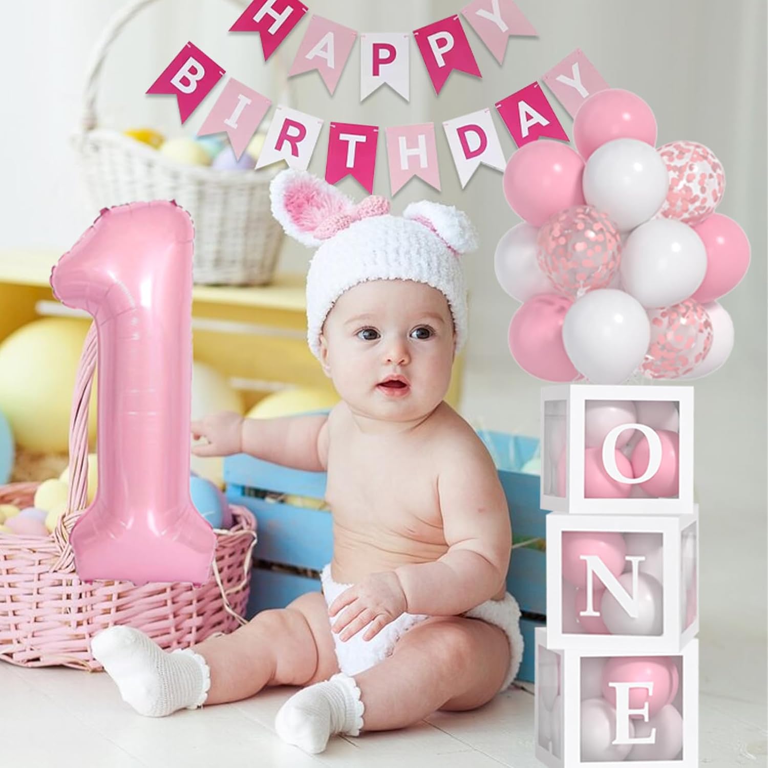 Baby Girl First Birthday Decorations-Pastel Pink White Balloons, 40 Inch Pink 1 Balloons, Happy Birthday Banner One Balloon Boxes For 1 Year Old Girl BD Decorations - Image 5