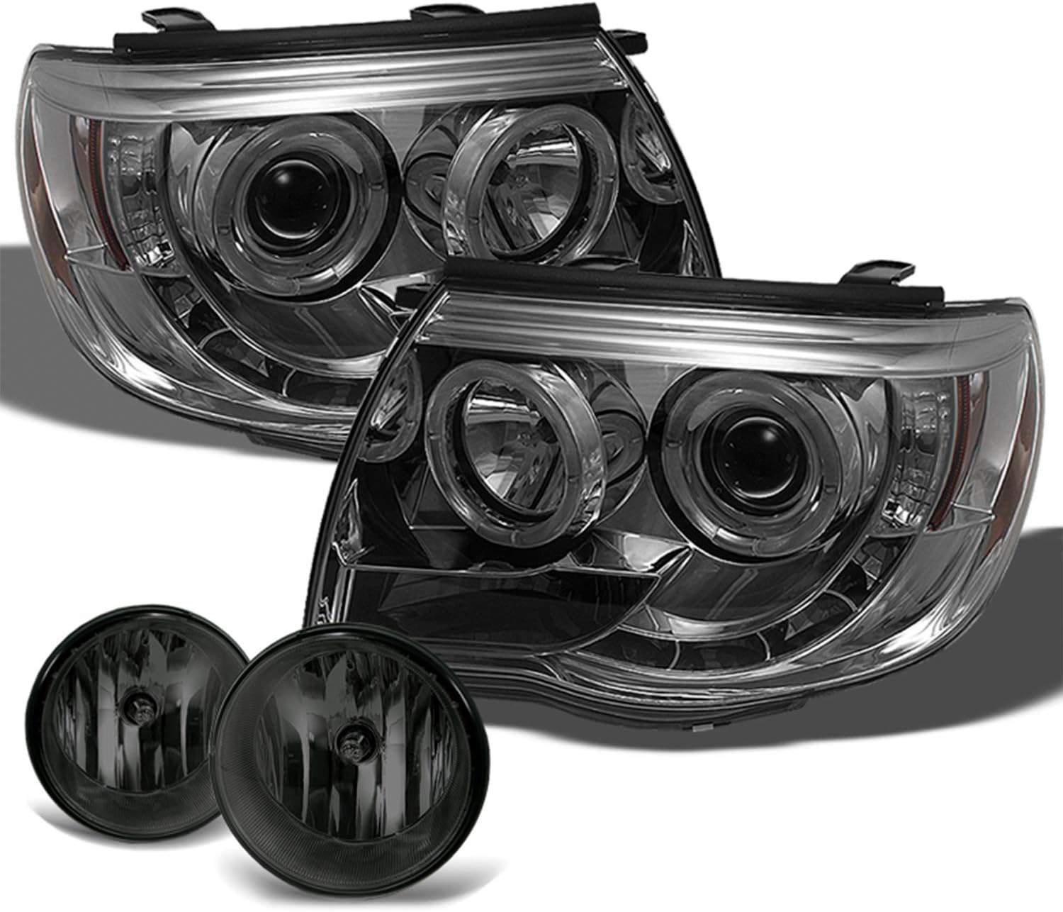 AKKON - For Toyota Tacoma Pickup Smoked Smoke Dual Ring Design Projector LED Replacement Headlights Lamps + Fog Lamp