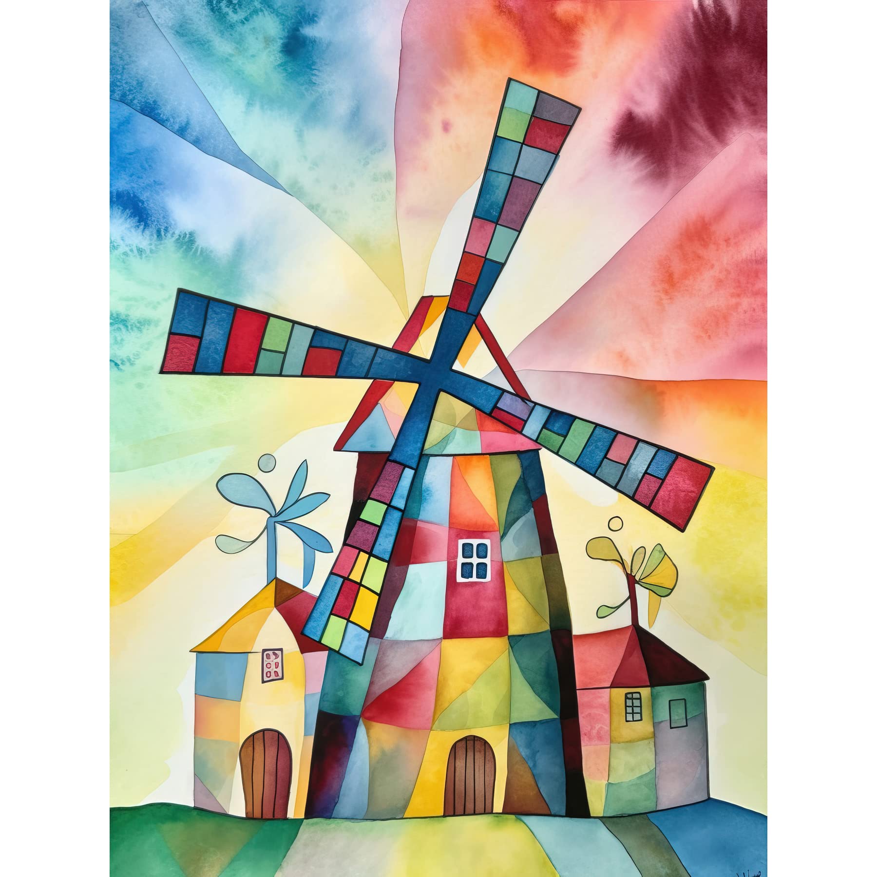 Artery8 Windmill Folk Art Abstract Bright Large Wall Art Poster Print Thick Paper 18X24 Inch