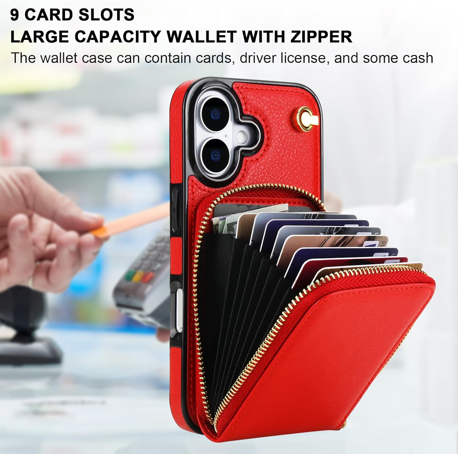 KIHUWEY Crossbody Wallet Case for iPhone 17, Zipper Pocket Case with Card Holder, PU Leather RFID Blocking Protective Cover Case with Kickstand Detachable Wrist Strap Lanyard 6.3" (Red)