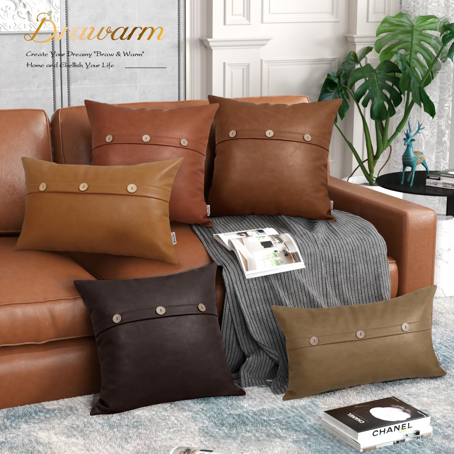 BRAWARM Leather Throw Pillow Covers 22 X 22 Inches - Cognac Faux Leather Pillow Cover with Triple Button, Farmhouse Decorative Leather Pillows for Couch Sofa Bed Home Garden