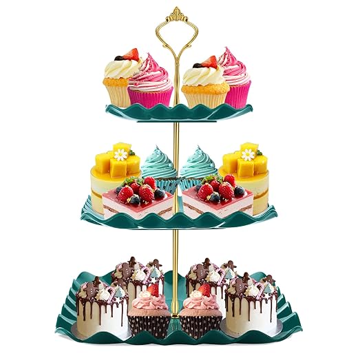 DAFURIET Dessert Cupcake Stand, 3 Tier Cup Cake Holder Tower for Tea Party/Birthday/Wedding, Plastic Tiered Serving Tray with Metal Rod (Green)