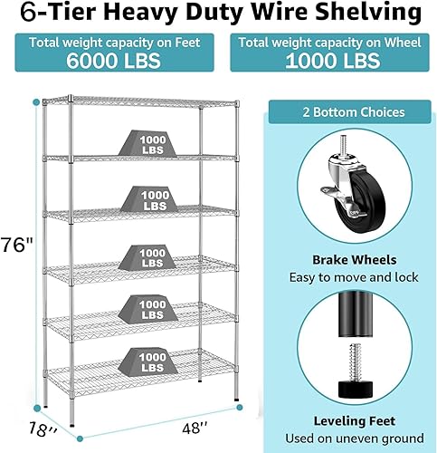 Miniatura 3 de Estantes de almacenamiento de 6 niveles con capacidad mejorada de 6000 libras, estantería de alambre con certificación NSF, estantes de metal