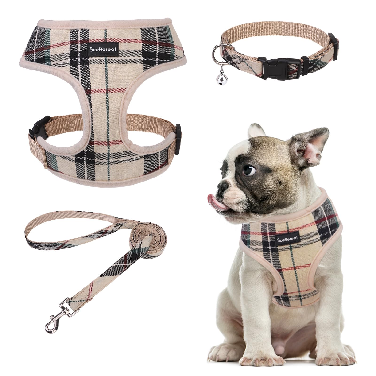 SCENEREAL No Pull Dog Harness Collar and Leash Set for Small Sized Dogs, Soft Mesh Plaid Harnesses for Fall Winter, Adjustable Pet Vest for Outdoor
