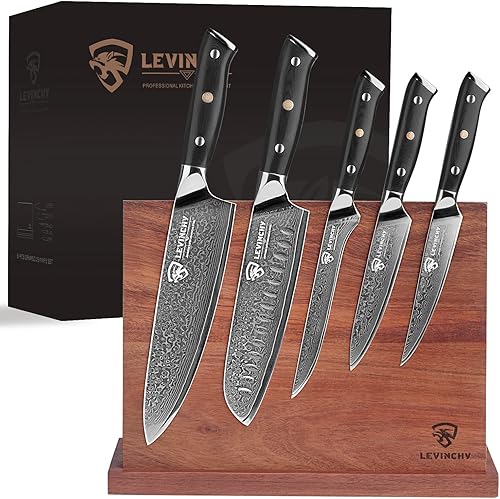LEVINCHY Damasco Juego de cuchillos de cocina 6 piezas, mango G10 de alta calidad, cuchillo de chef, Santokudeshuesadoutilidad, filetebloque