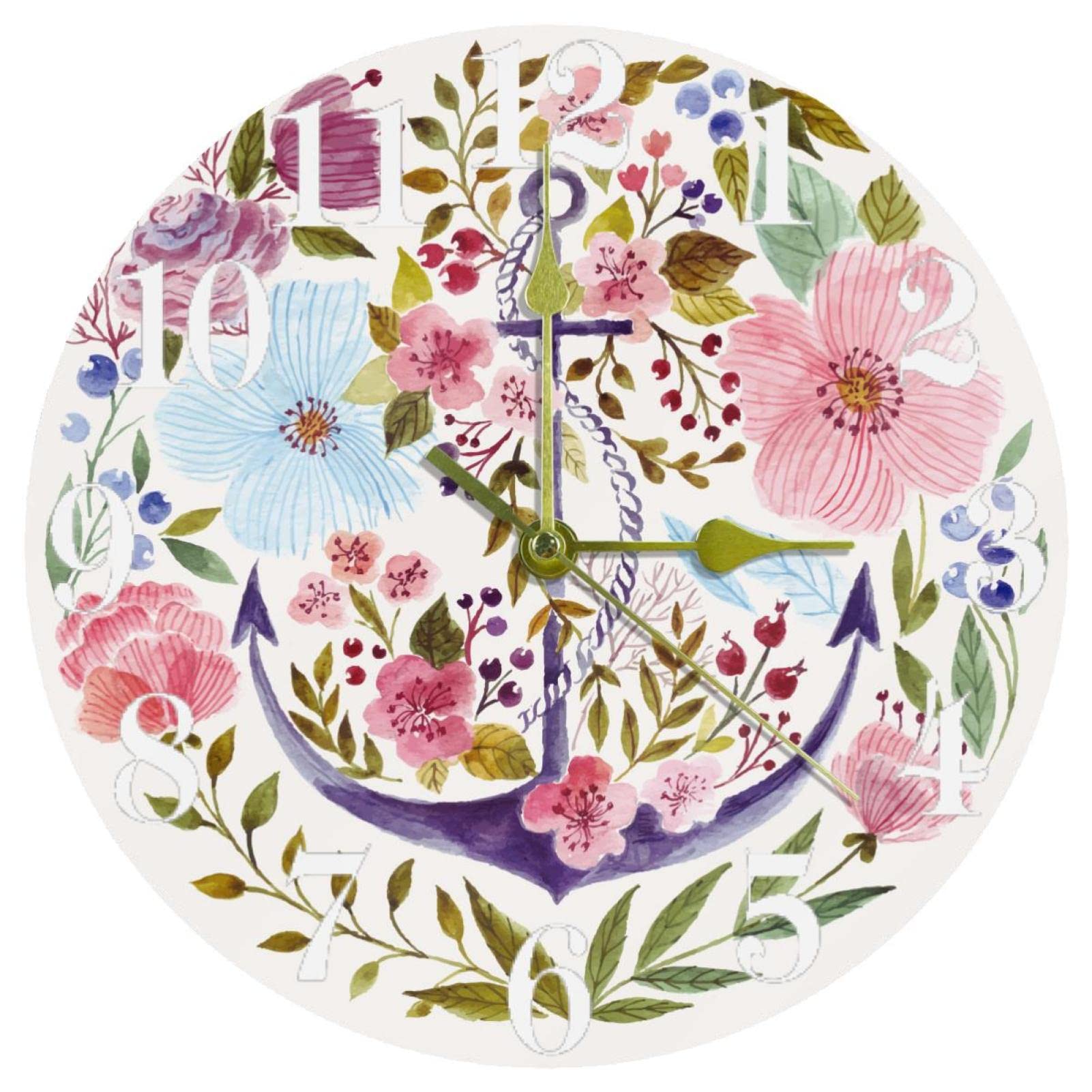 Horloge murale ronde à quartz pour cuisine et bureau avec motif ancre marine rose 25,4 cm