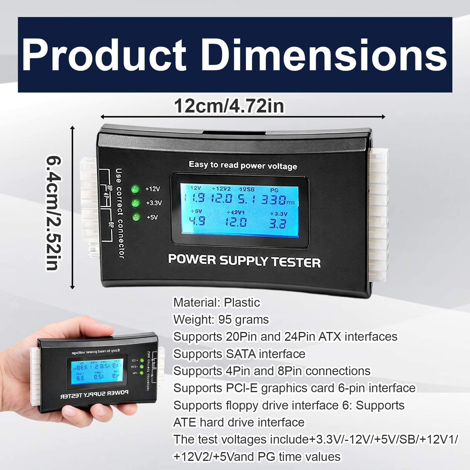 20/24 4/6/8 Pin PC Power Supply Tester, Universal PSU Tester with 1.8” LCD Display for ATX/ITX/IDE/HDD/SATA/BYI Connectors, Desktop Computer Power Check Tool for Maintenance Troubleshooting — view 2