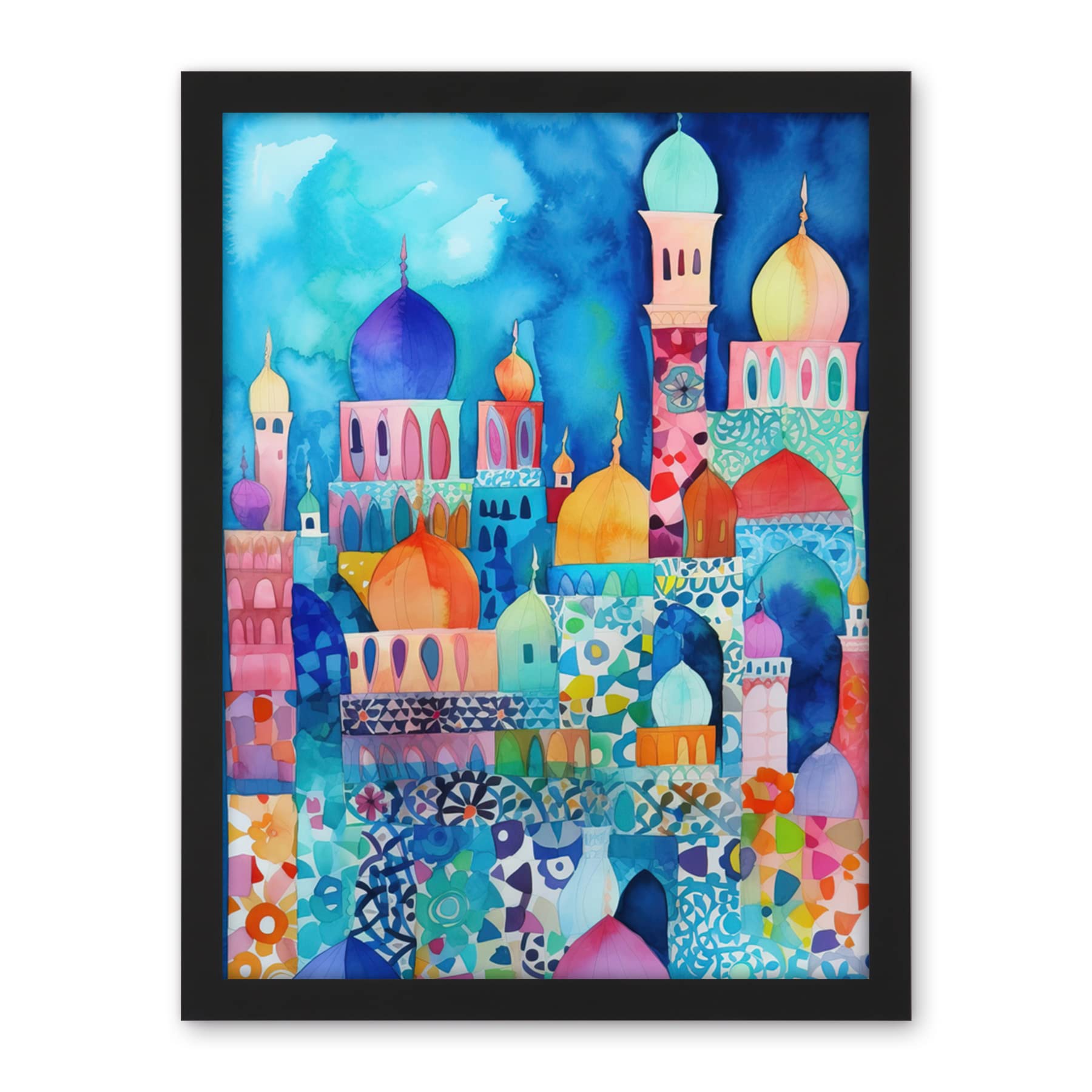 Artery8 Morocco Cityscape Moonlight Folk Art Artwork Framed Wall Art Print 18X24 Inch